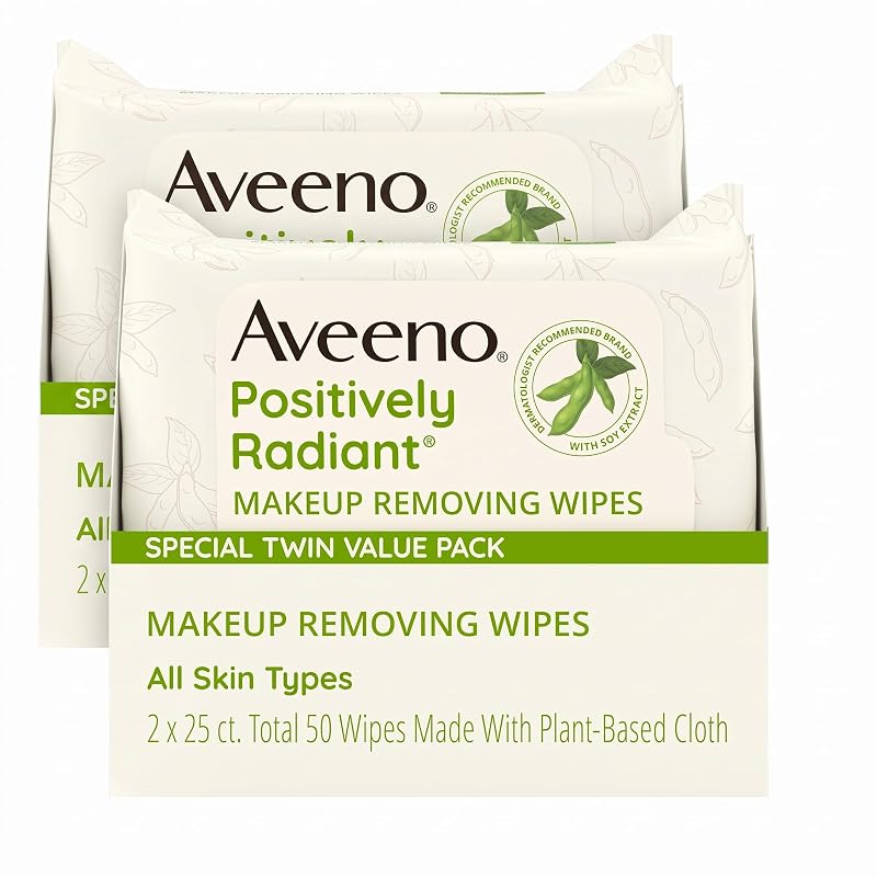 Lenços demaquilantes Aveeno Positively Radiant sem óleo e sem álcool, pacote com 2