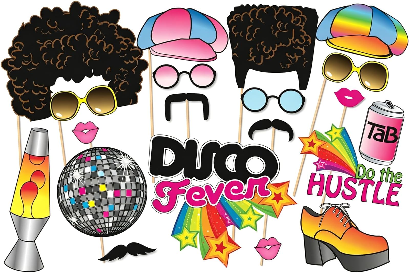 70's Photo Booth Props, 1970s Disco Throwback Party Theme Photo Booth Props Decorations, 20 Pieces with Wooden Sticks for Hippie Party, Disco Fever Party, Woodstock Party