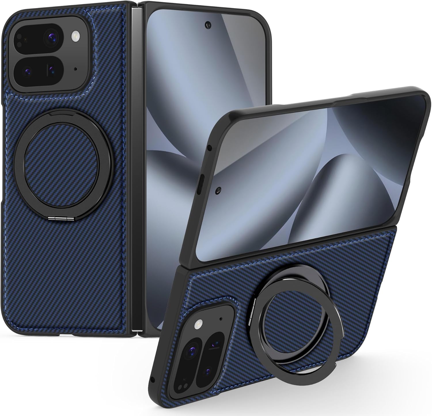 Magnetic for Google Pixel 10 Pro Fold Carbon Fiber Case with Stand, [Compatible with MagSafe] Aramid Fiber Twill 360° Rotation Kickstand Thin PC Shockproof Case, Blue