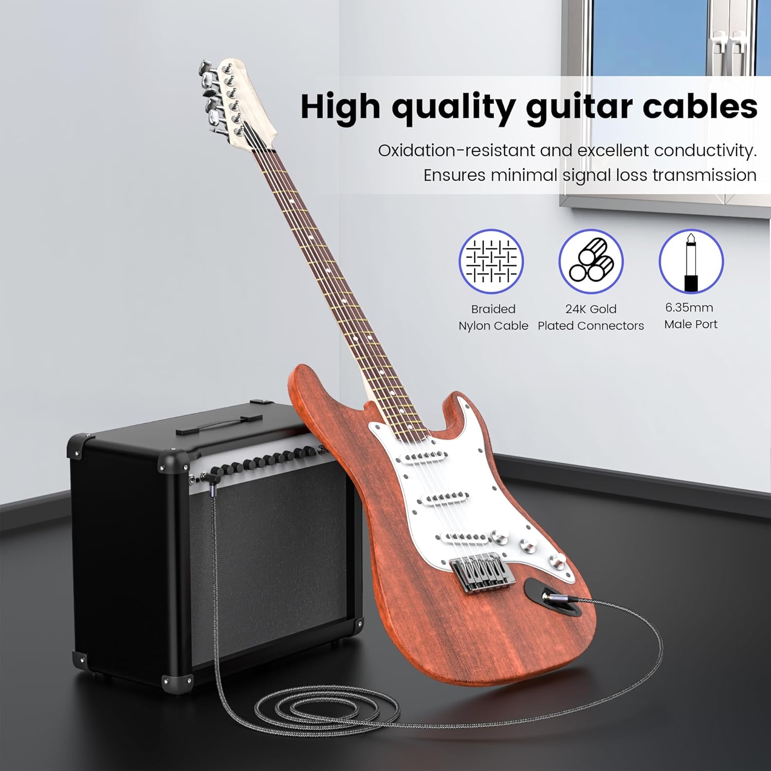 MOSWAG Guitar Cable 3FT, 1/4 Inch Right Angle to Straight, Amp Cord for Bass & Electric Guitar Compatible with Bass, Electric Keyboard, Electric, Amplifier - Image 4