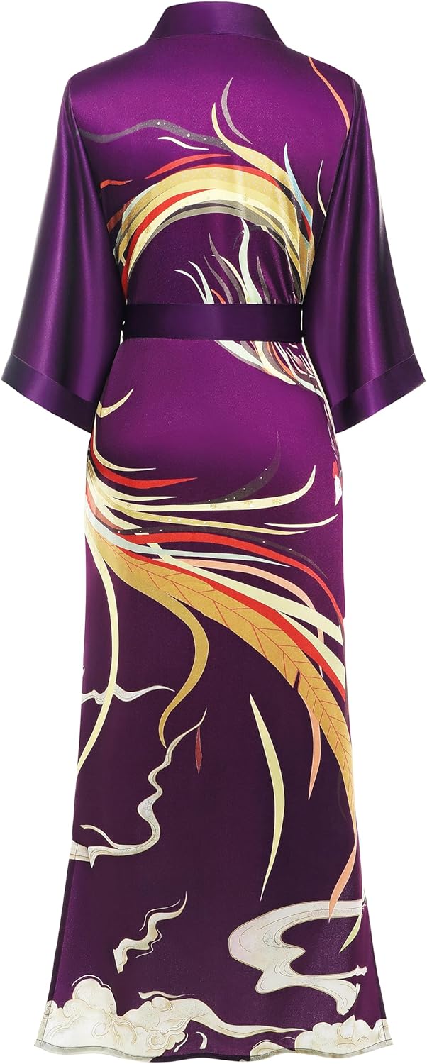 PRODESIGN Long Kimono Robe Satin Sleepwear Phoenix Handprinted Silky Nightgown Bathrobe Blouse Cardigan for Women - Image 2