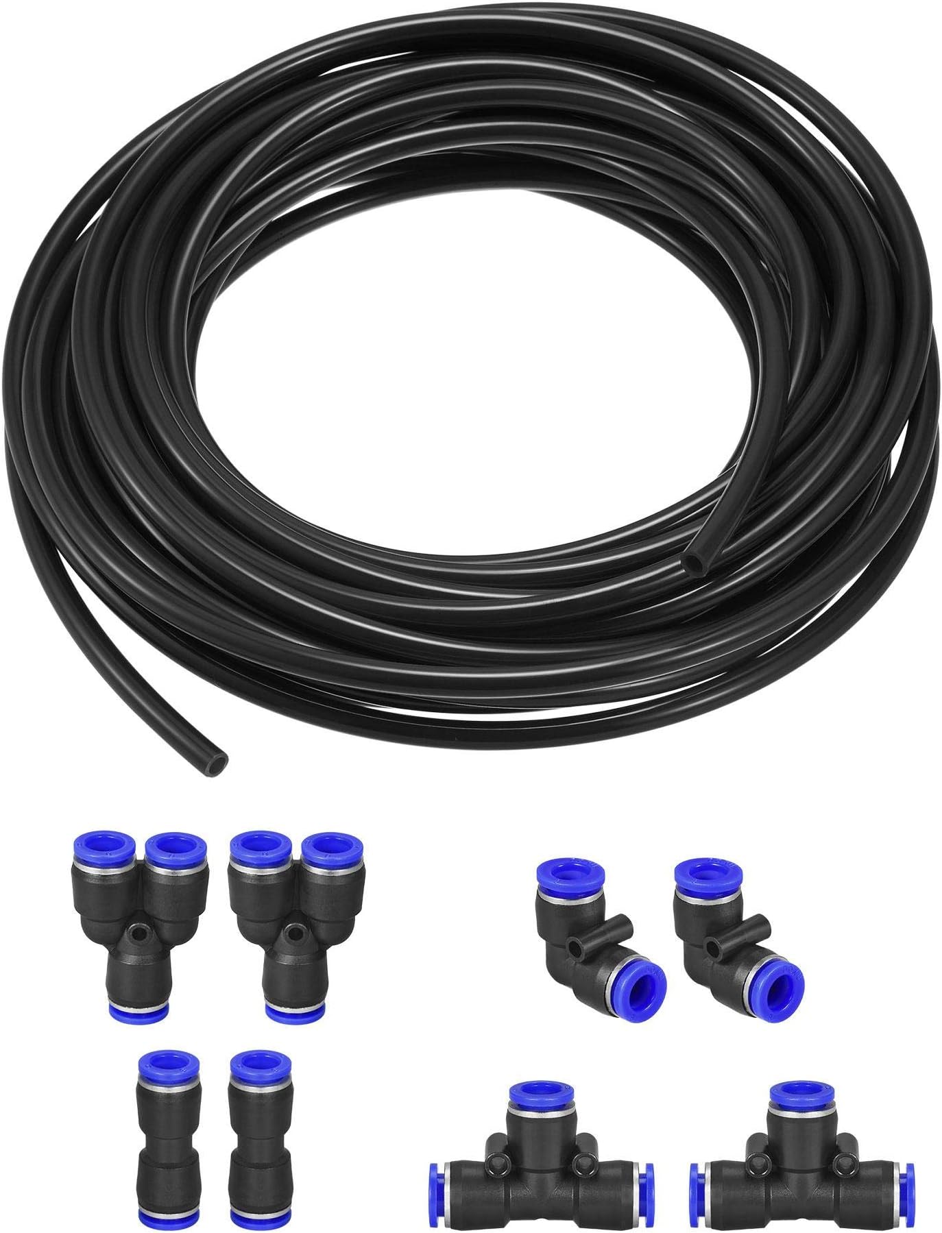 uxcell Pneumatic Air Hose Tubing PU Air Compressor Tube 5mm(3/16'') ID x 8mm(5/16'') OD x 10m/32.8Ft Pipe Black with Connect Fitting Kit