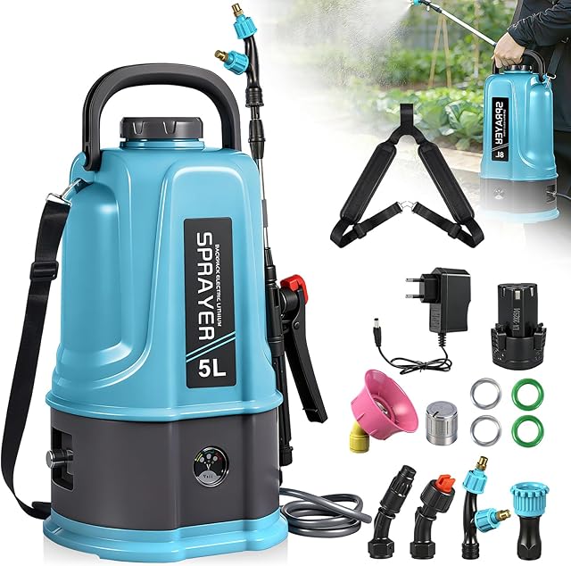 Viugreum Viugreum Rückensprüher 5L, Drucksprüher Mit 5 verstellbaren Düsen, Ladegerät, Akku und Schultergurt, Filter, Sprühstange, Profi Drucksprüher für Gartenbau, Landwirtschaft und Unkrautbekämpfung — Sprühgeräte