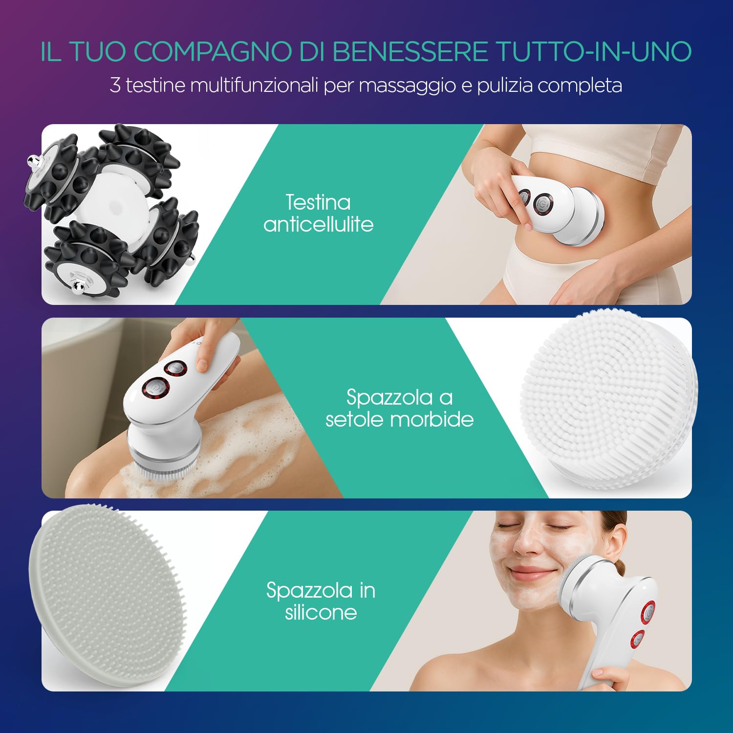 VOYOR Massaggiatore Anticellulite Cordless Elettrico per Viso Braccio Collo Corpo, 3 Teste Muti-funzional, Spazzola Pulizia, Impermeabile IPX7