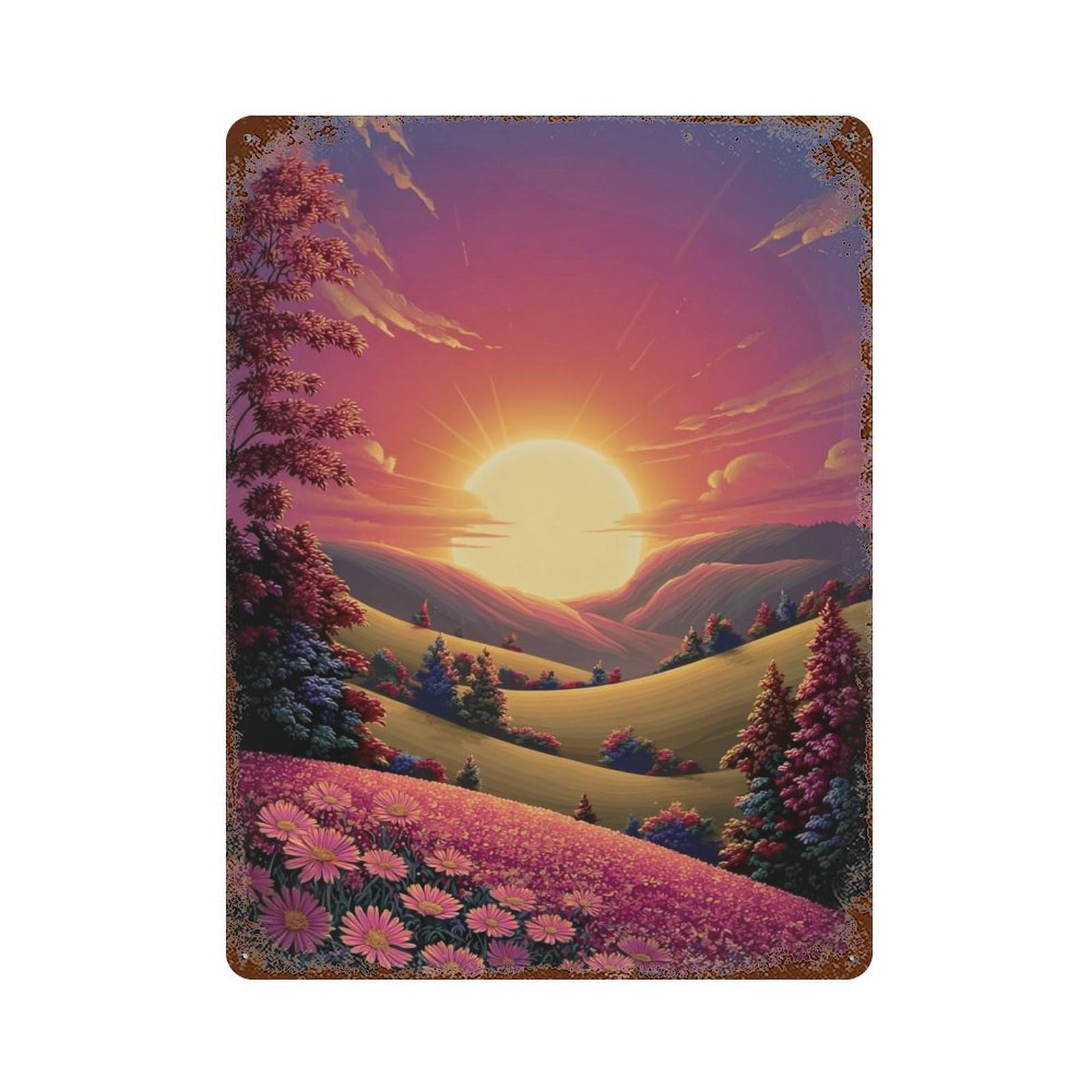 Rust Effect Sunset Serenity Landscape Rustic Tin Plaque 15.7"x11.8", Shabby Chic Decor for Basement, Hobby Room And Garage Decor