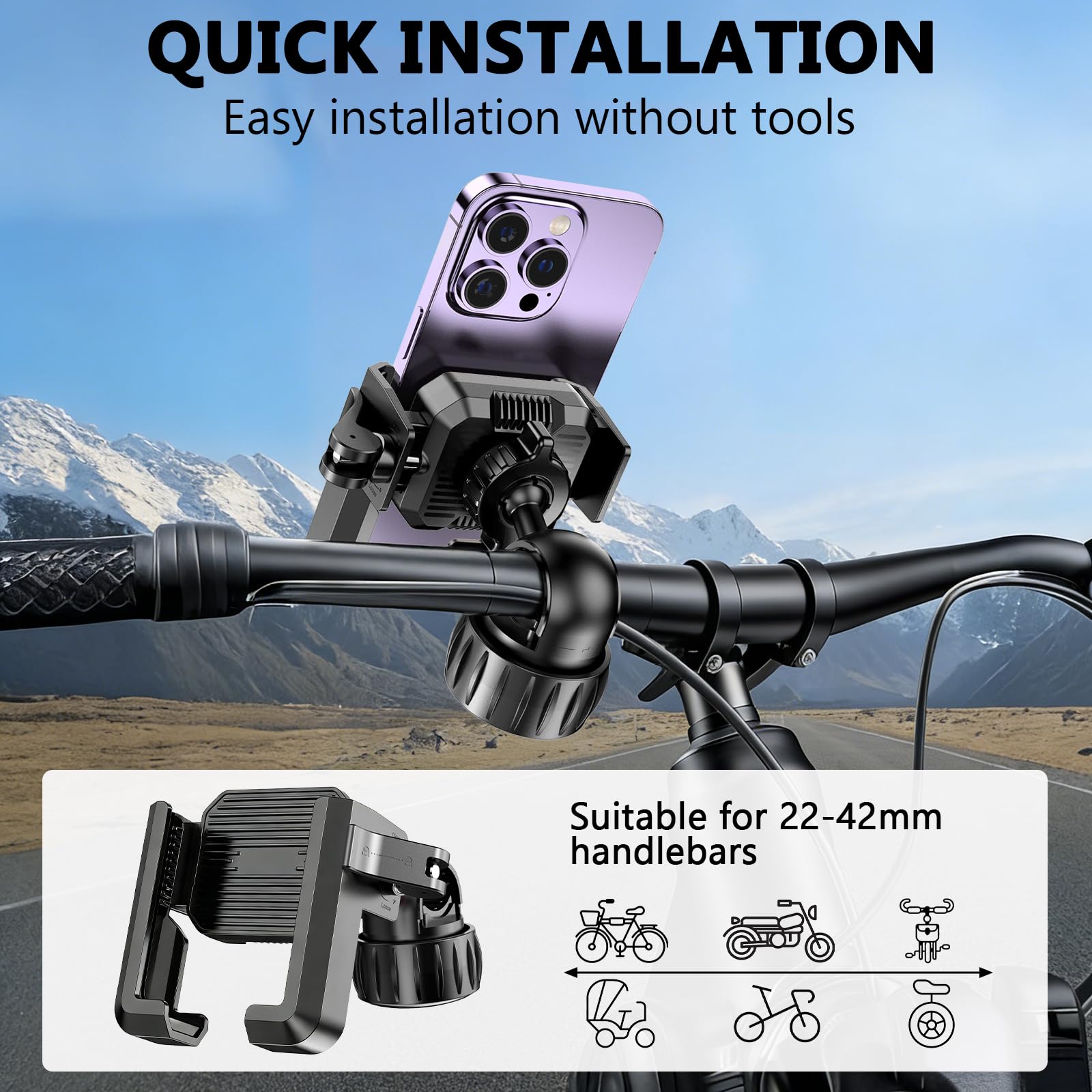Supporto Telefono Per Moto E Bici, Antivibrazione, 360° Girevole, Apertura 1s, Adatto A Smartphone 4,7-7″ E Manubri 17-32mm