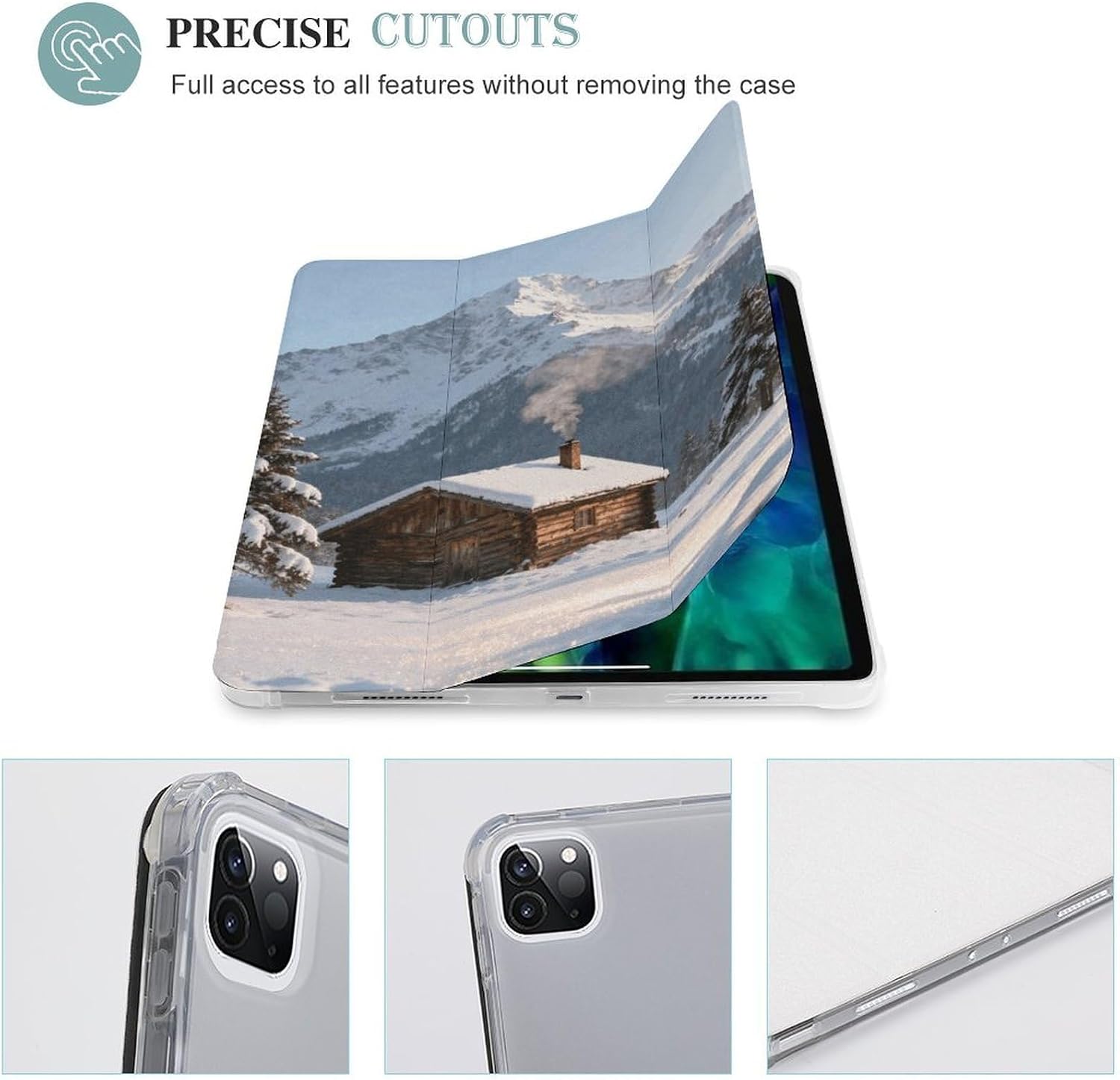Snowy Cabin Smoke 12.9 in Trifold for iPad Case with Pencil Holder image 4