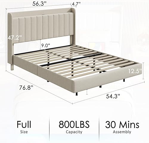 Miniatura 6 de Saudism Marco de cama tapizado de tamaño matrimonial, marco de cama flotante con cabecera de almacenamiento con respaldo de ala, puertos tipo C y