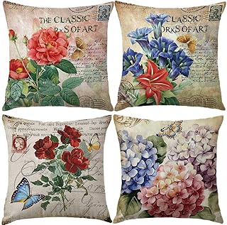 Vintage Rose Flower Throw Pillow Covers With Butterfly Stamp Retro Letter Violet Cushion Cover Set Of 4 Home Decorative Co...
