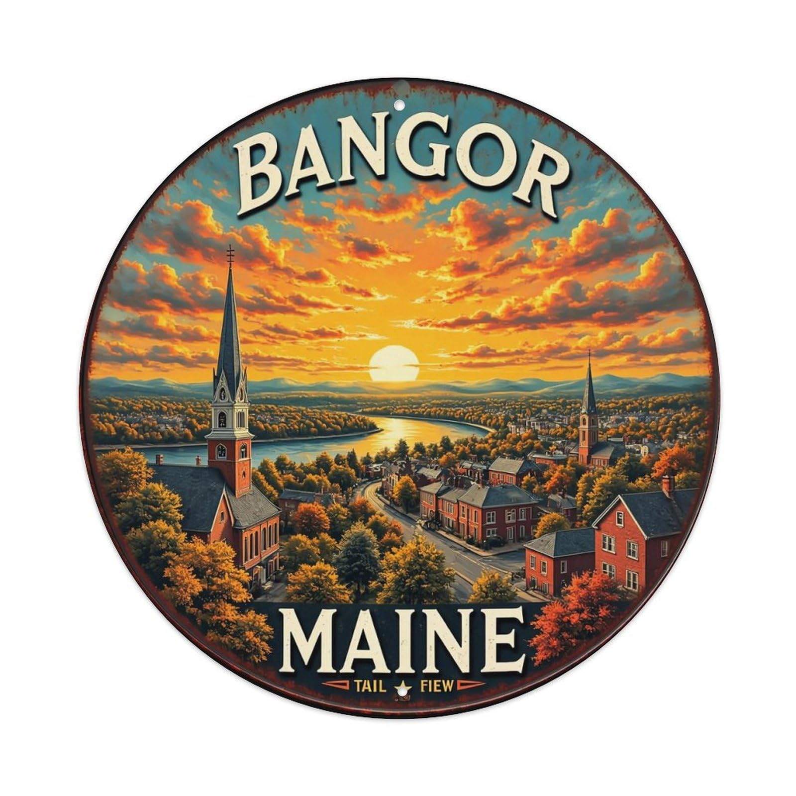 Jdyaojiesheng Vintage Bangor Maine Sunset Landscape Church Round Tin Sign Retro Metal Wall Decor Metal Poster, Home Bar Garage Farmhouse Cafe Wall Art Decoration 8X8inch