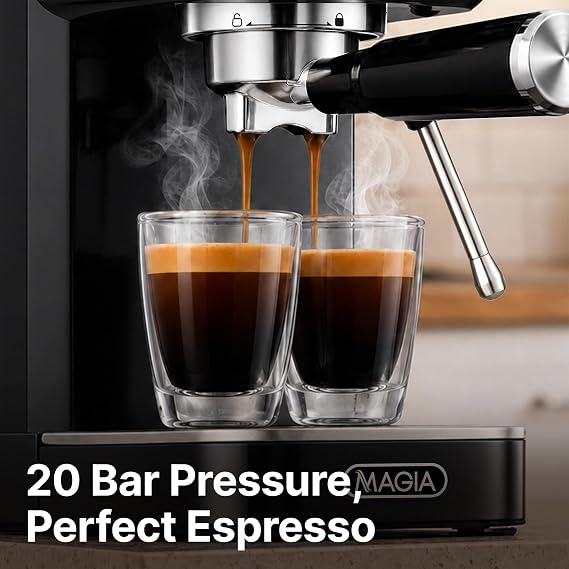 Zulay Kitchen Magia Compact Espresso Machine 20 Bar Coffee Maker with Milk Frother Steam Wand, Latte & Cappuccino Maker, 1350W Fast Heating, 40oz Removable Water Tank, Stainless Steel Black