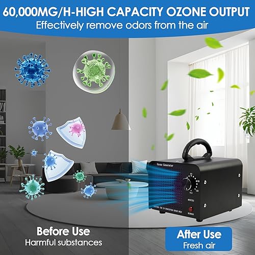 Miniatura 4 de Generador de ozono 60,000 mgh - Desodorizador purificador de aire de alta capacidad para 4000 pies cuadrados, elimina olores, humo, mascotas, mejor