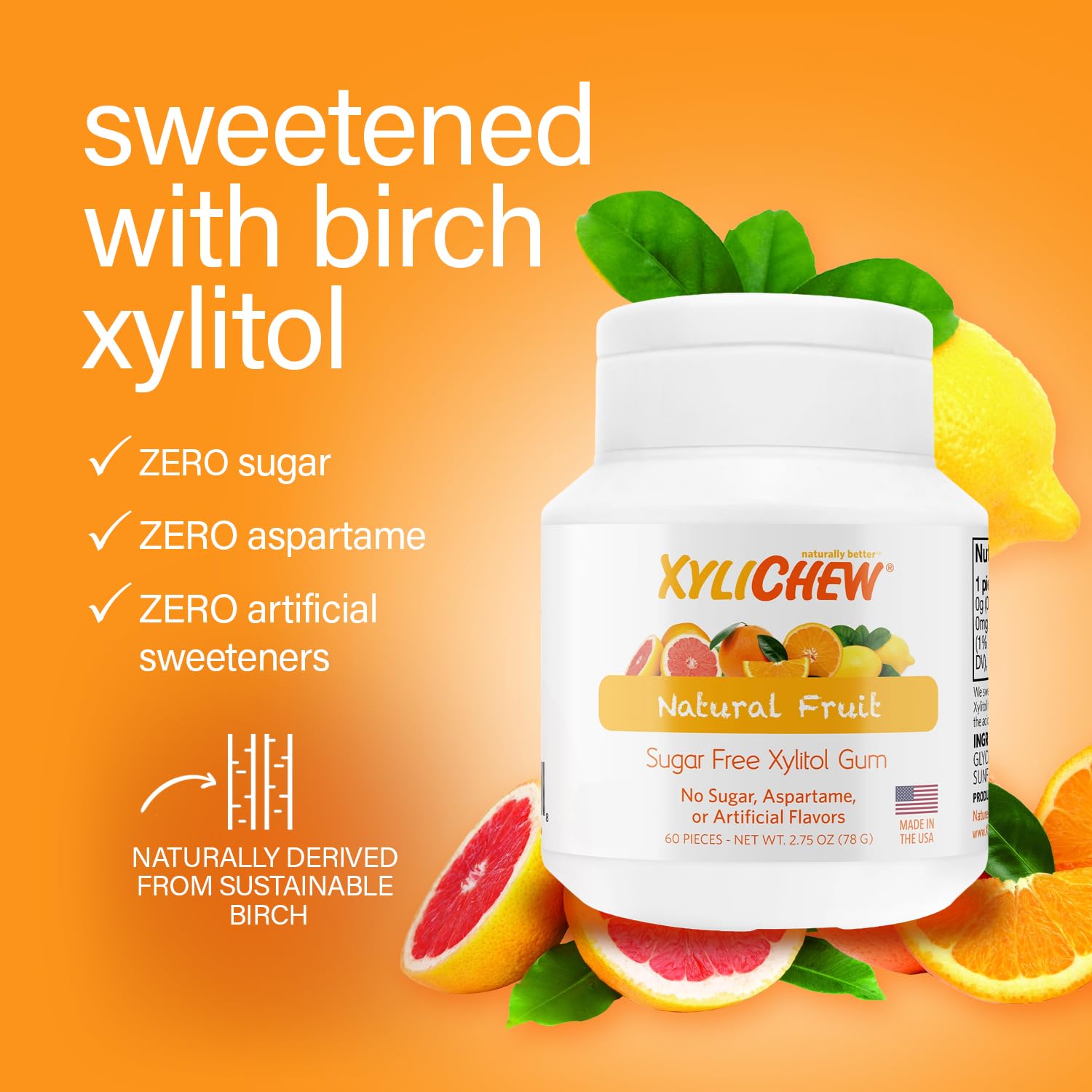 Xylichew Xylitol Gum - Chewing Gum Sugar Free, Aspartame Free, Gluten Free, Keto - Sugarless, Healthy, Natural Oral Care - Relieves Bad Breath and Dry Mouth - Fruit, 240 Count