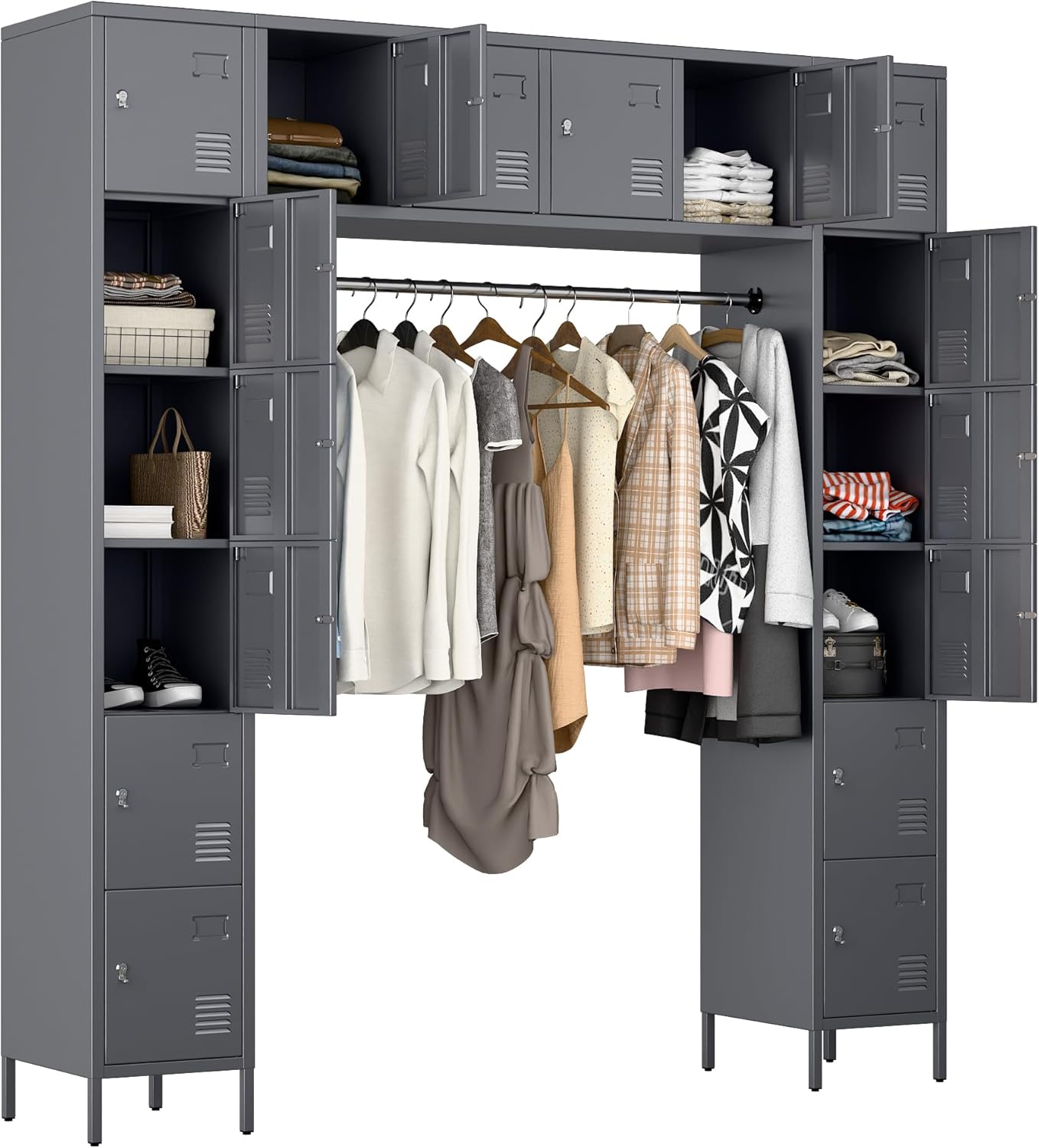 Lockers for Employees, 78" H Metal Storage Lockers with 16 Doors and Hanging Rod for Office, Home, School, Gym, Assembly Required, Dark Gray