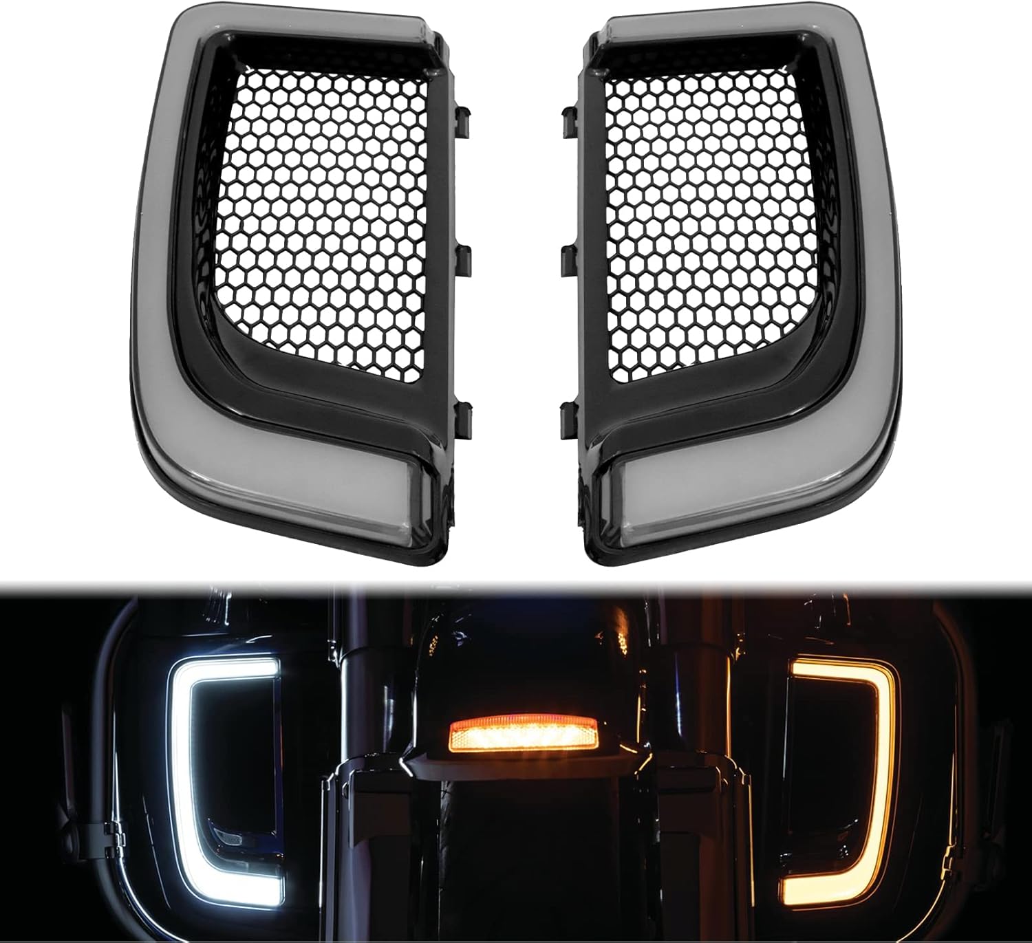 HDBUBALUS Engine Guard Lowers Grills Leg Fairing LED Turn Signal Light Running Light Compatible with Harley Touring Street Glide Road Glide Electra Glide FLHTK FLTRU 2014-2023