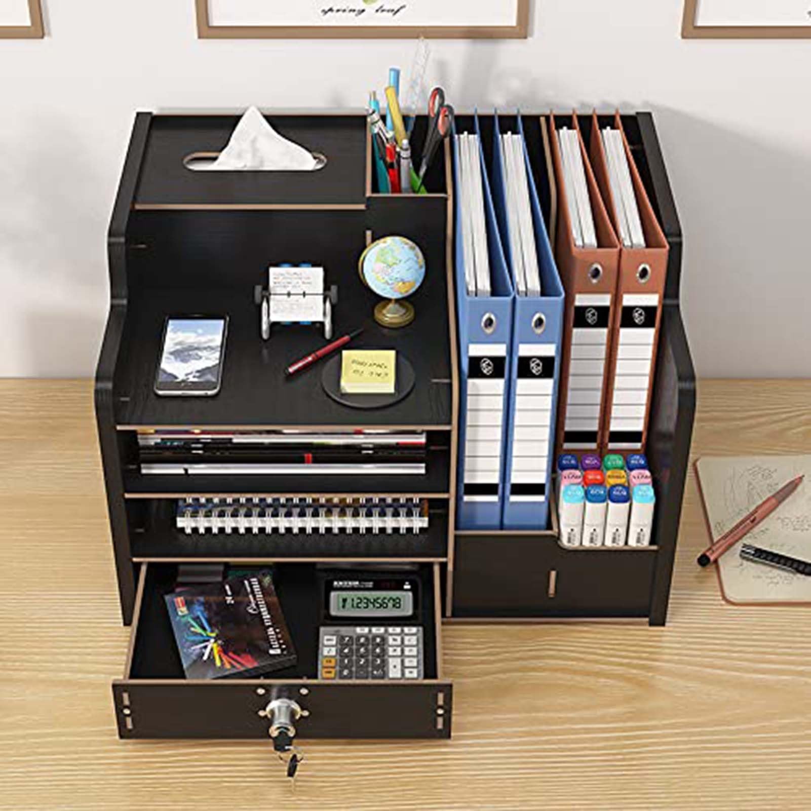 Schubladenbox Schreibtisch-Organizer Aus Holz Mit Schublade – Geräumige Aufbewahrung Für Den Schreibtisch, Dokumentenablage (A4), DIY-Box Für Bürobedarf – Ideal Für Zuhause, Büro Und Schule(Black)