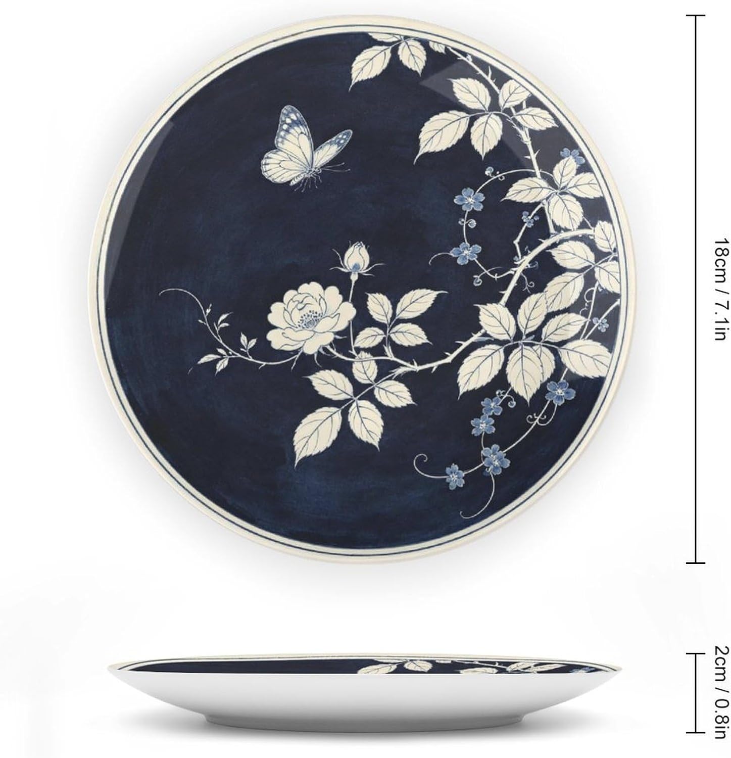 Blue White Porcelain Decor Plate, Plum Branches with Butterflies for Elegant Living Space Bone China Decorative Plate, 7inch Wall Art Home Decor