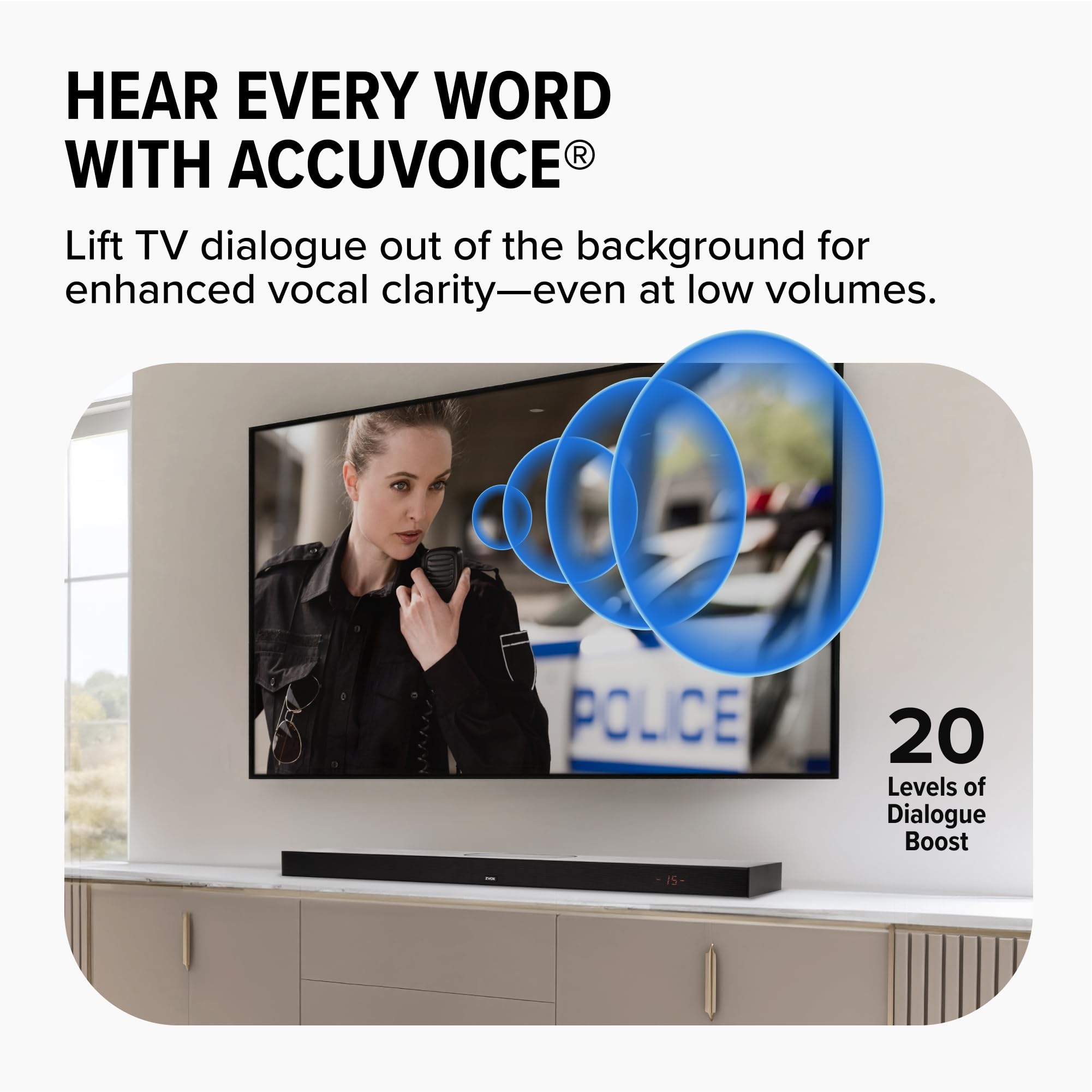 ZVOX AccuVoice AV855 Dialogue Clarifying Soundbar - Tecnologia acustica brevettata con 20 livelli di potenziamento vocale, doppio subwoofer, altoparlante TV a basso profilo per Home Theater e Smart TV