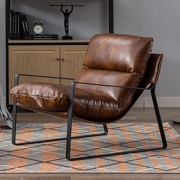 Ya-Home Mid-Century Accent Chair, Comfy PU Leather Side Chair with Armrest, Upholstered Leisure Chair with Black Metal Frame for Living Room Bedroom Reception Room, Brown