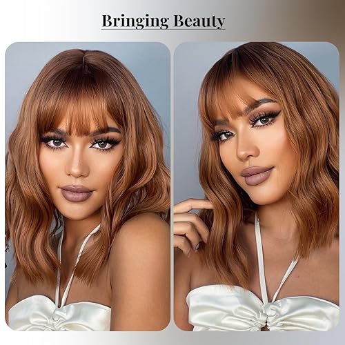 Miniatura 5 de testar Auburn - Pelucas de cobre con flequillo para mujer, pelucas cortas de color naranja y marrón, pelucas onduladas con flequillo, pelucas