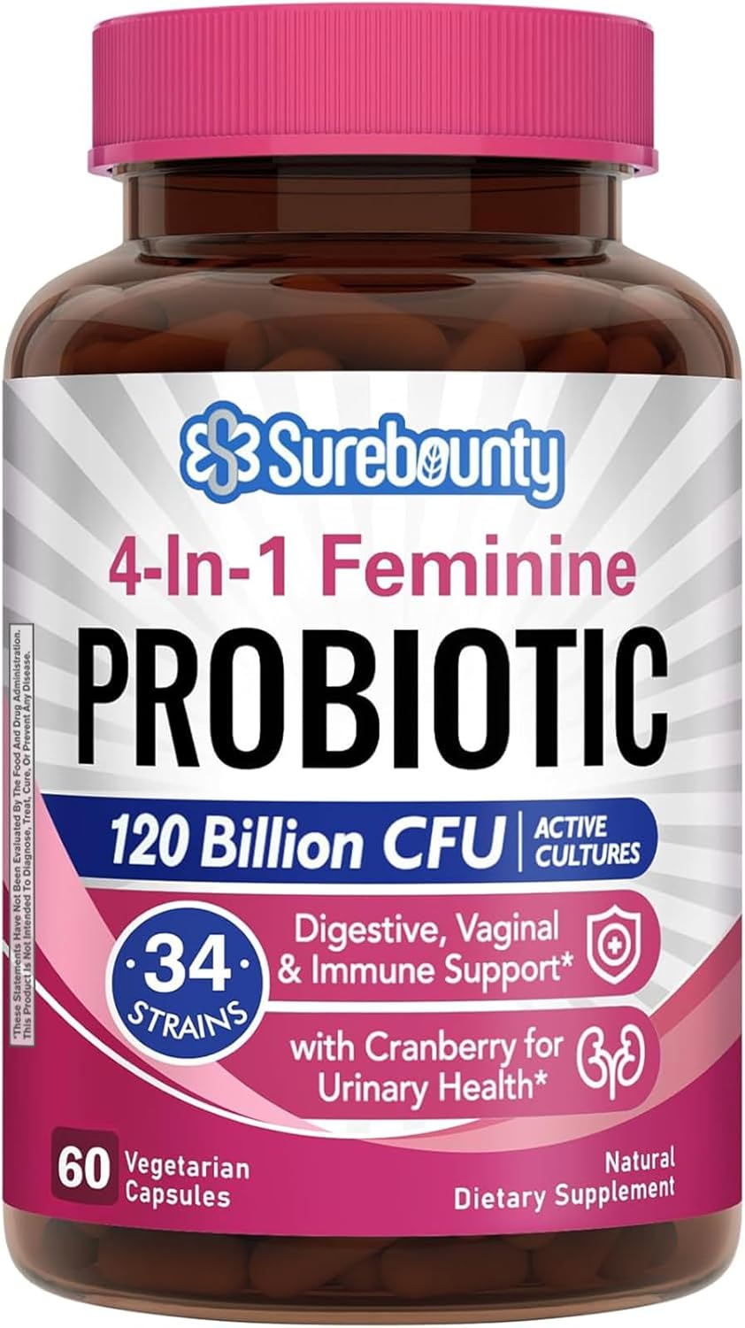 Probiotics for Women, 120 Billion CFU 34 Strains, Prebiotics, Digestive Enzymes, Cranberry, 4-in-1 Feminine Probiotic, Digestive, Vaginal, Immune Support, 60ct