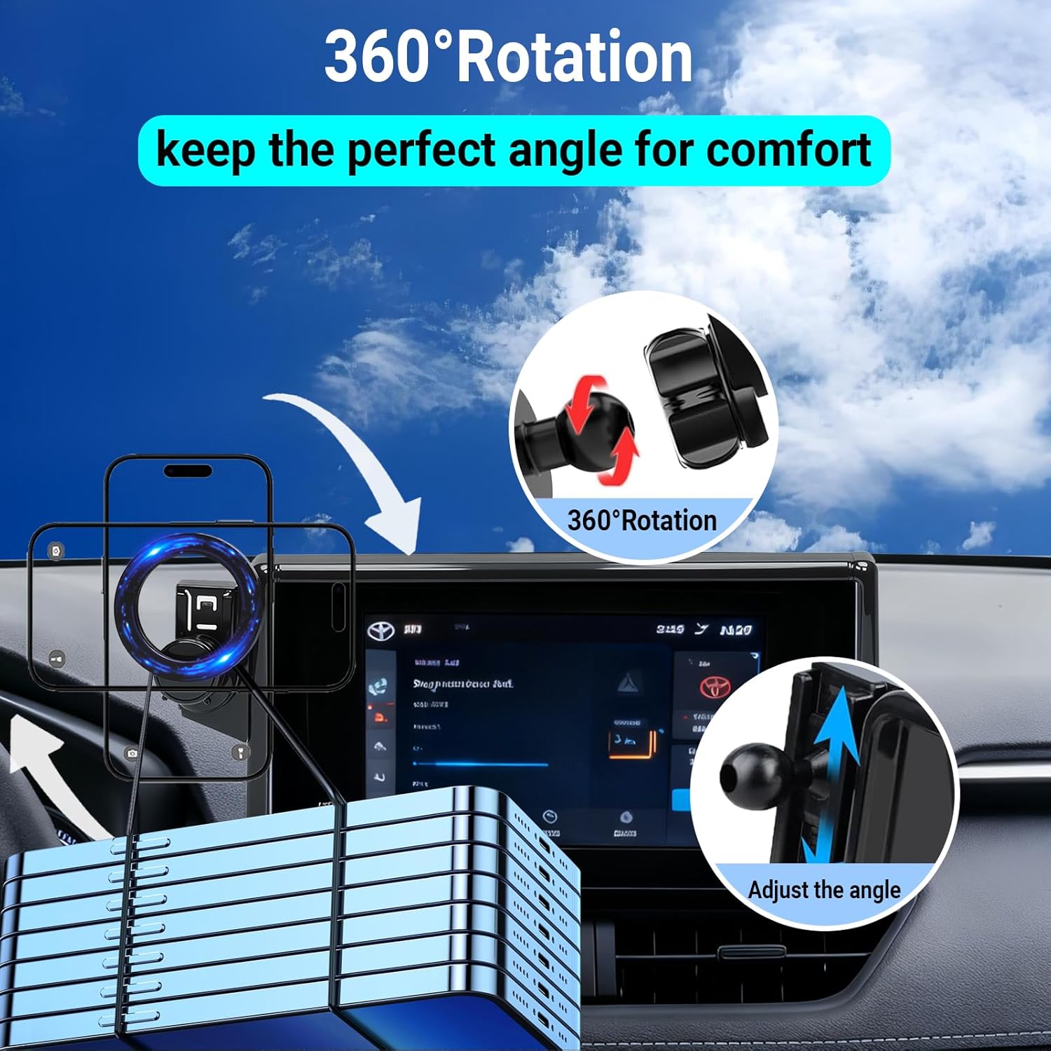Car Phone Holder for 2019-2025 Toyota RAV4 Accessories, 360° Rotation, Compatible with MagSafe, Cell Phone Holder that Does Not Affect Air Vent(for 7/8-inch Screen only)