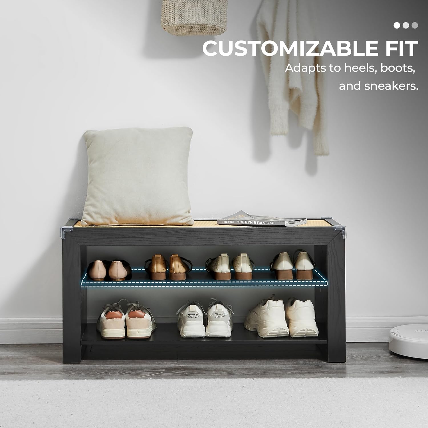 Rattan Shoe Rack Bench for entryway, 3-Tier Hallway Wicker Bench Organizer with Shelves Farmhouse Boho Shoe Stand Entry Bench Seat Storage Bench for Entrance Indoor Entryway Front Door