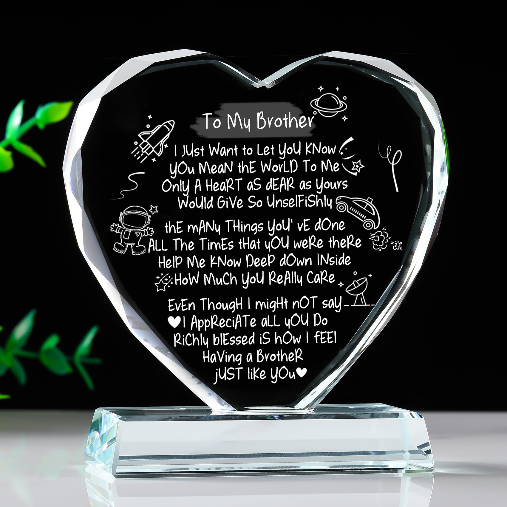 Glass Clear Heart Plaque Birthday Gifts for Brother from Brothers Sisters, Engraved Keepsake with Blessings, Novelty Present Ornament on Graduation Christmas