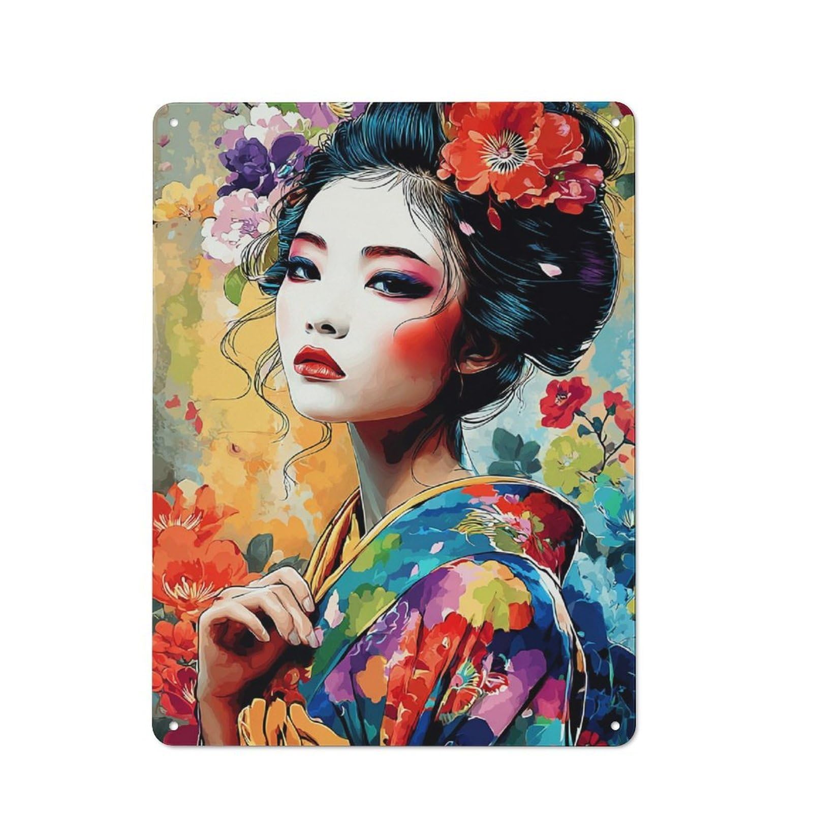 Junmoney Geisha In Vibrant Flowers Retro Metal Sign 40X30cm For Living Room Or Hallway, For Updating Living Room And Hallway After Moving
