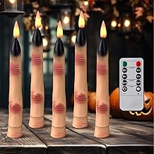 Tujoe 5 Pcs Spooky Halloween Finger Taper Candles with Remote 3D Flameless LED Electric Candle Sticks Bulk Flickering Candlesticks Battery Operated for Gothic Horror Haunted House Party Decorations
