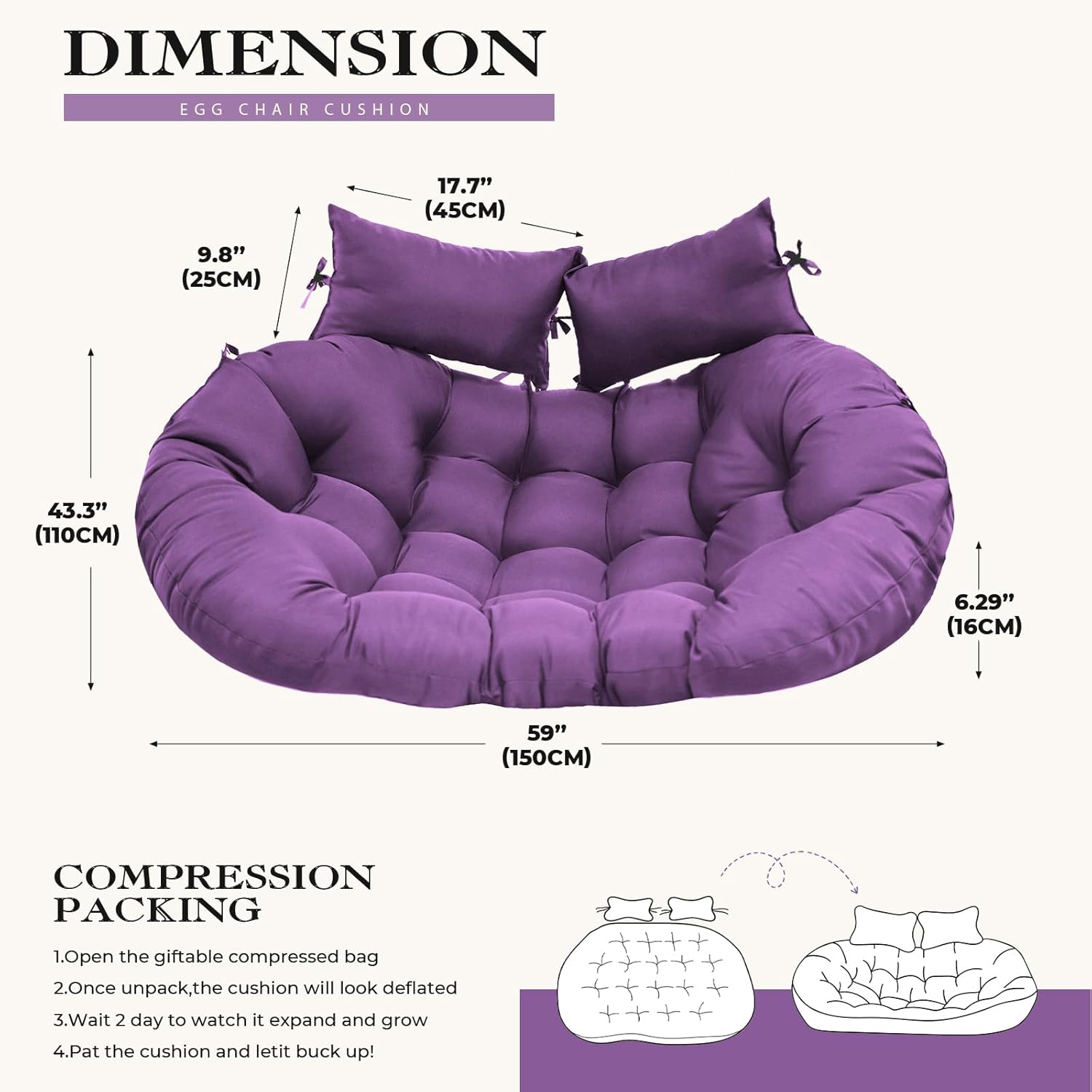 Double Egg Chair Cushion Replacement 63x43in -Thickened Waterproof Removable Double Hanging Egg Chair Cushions, Swing Chair Cushion, Outdoor Patio Hanging Basket Chair Cushions, Dark Purple