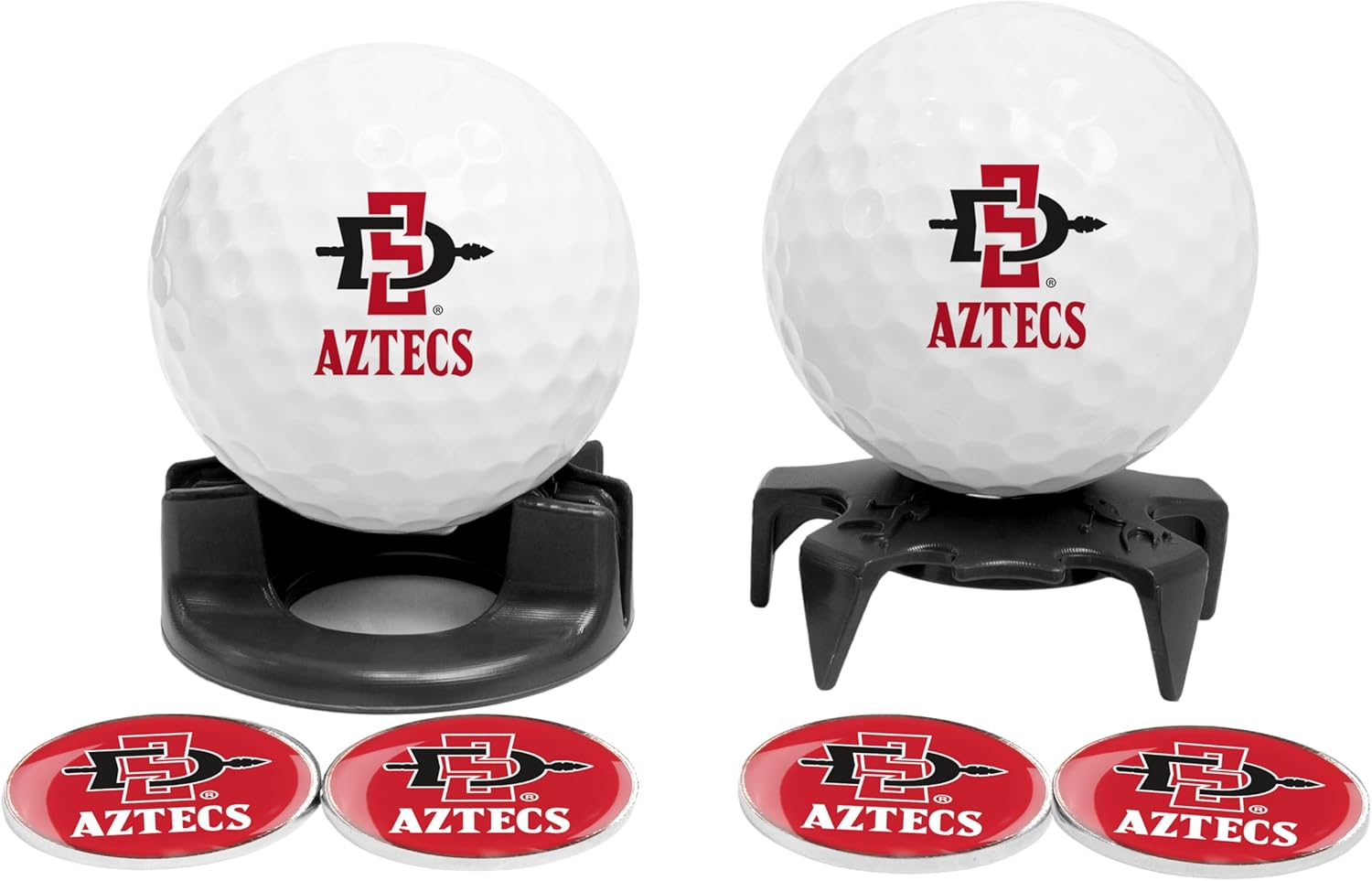 LinksWalker Collegiate Golf Ball Gift Pack, 2 Team Golf Balls with 4 Ball Markers, Diplaynest Stands