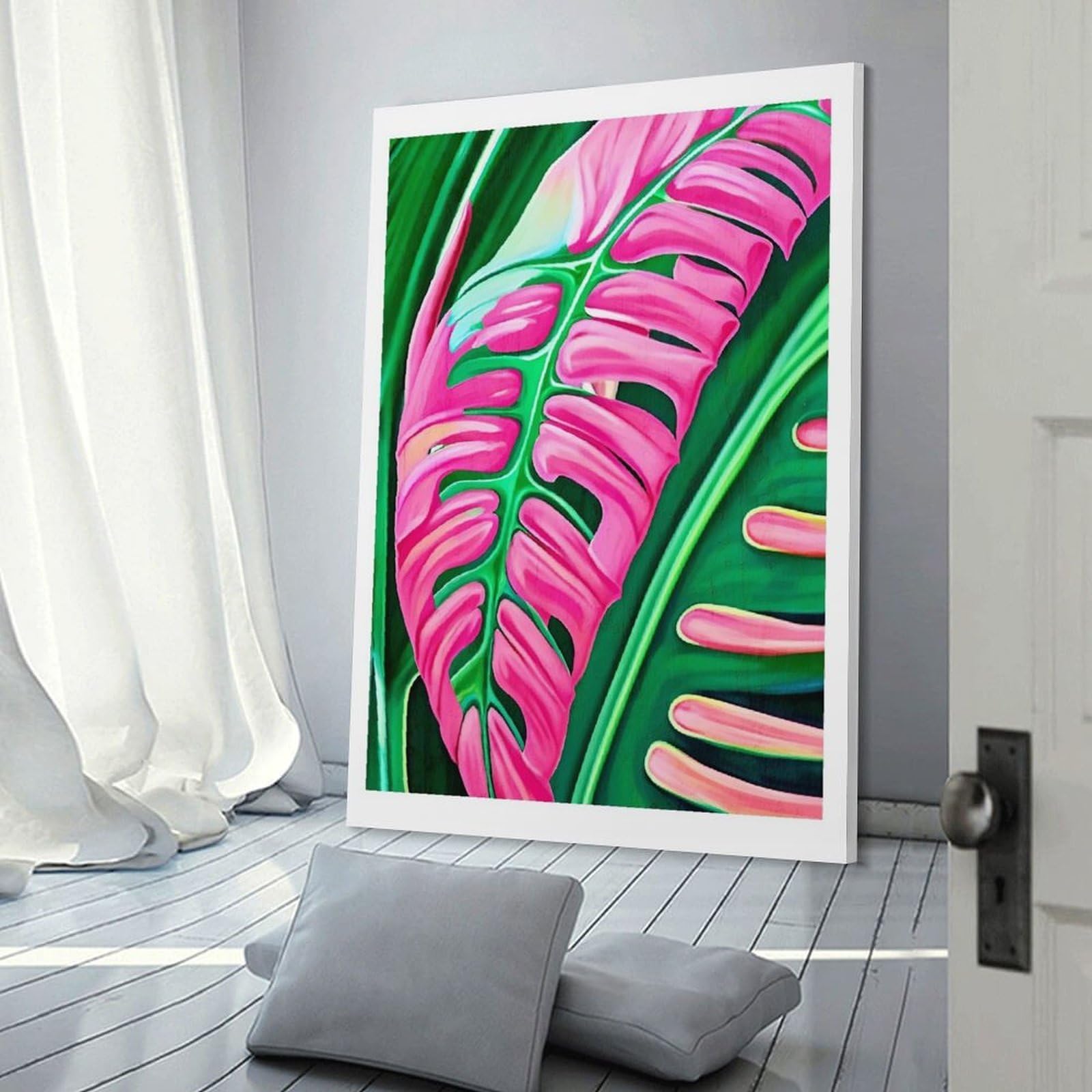 Junmoney Pink Monstera Leaf Decorative Canvas Print, 24x36inch(60x90cm), for Hallway, Entryway Or Landing, Home Artwork for First Impressions