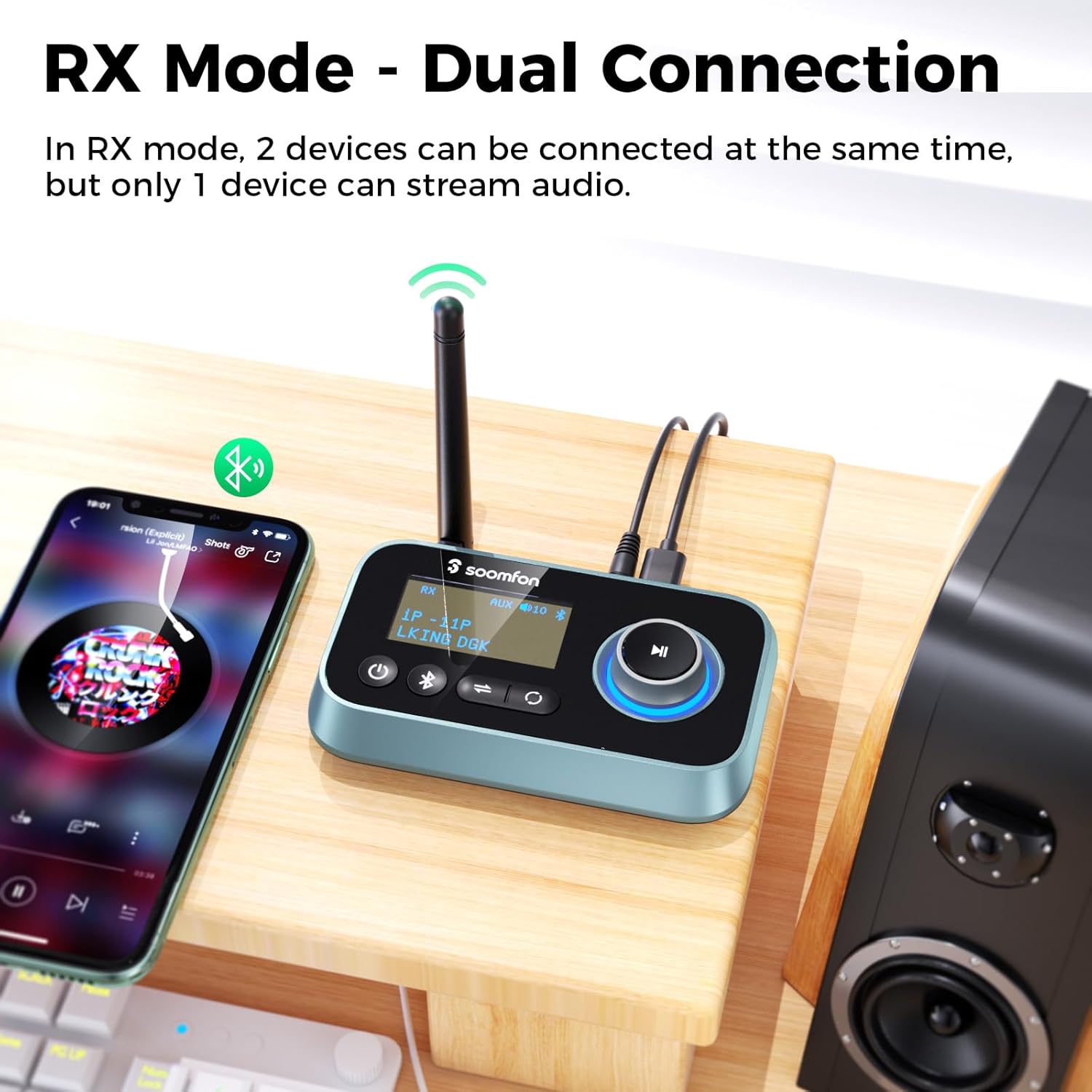 SOOMFON Bluetooth Transmitter for TV 3-in-1 Bluetooth 5.0 Transmitter Receiver for TV to 2 Headphones with LCD Display Adjustable Volume, Optical AUX RCA Bypass for Home Stereo Speaker
