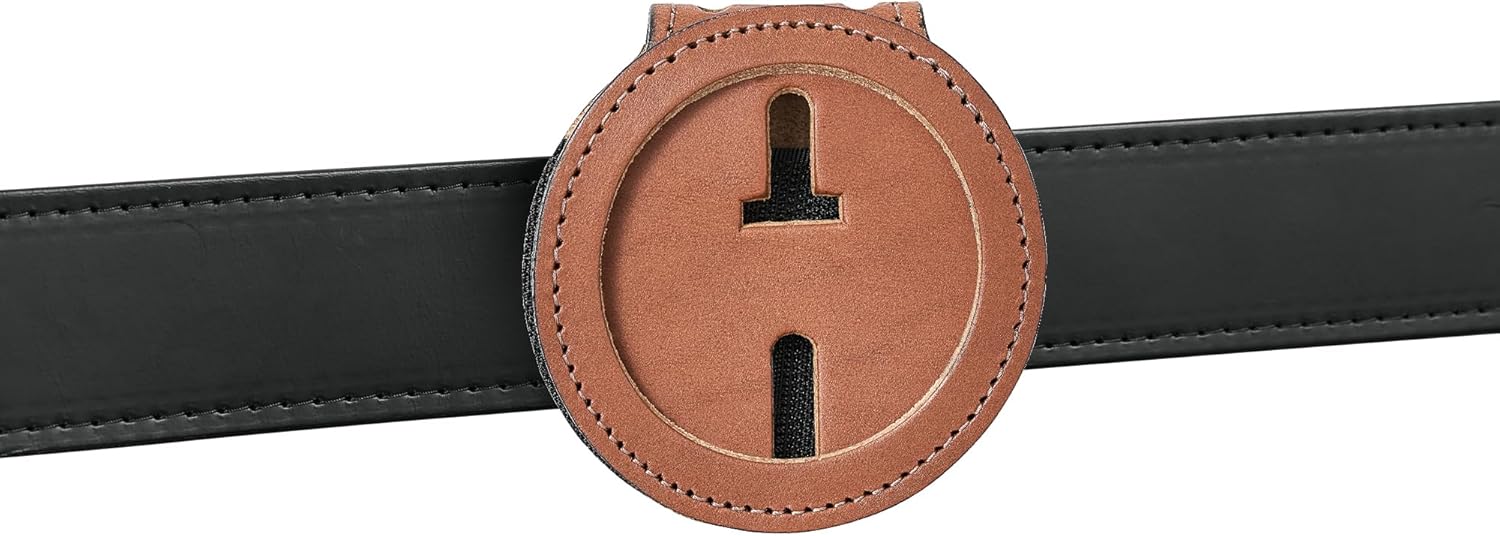 Perfect Fit US Marshall Service Belt Clip Badge Holder with Chain 2 1/4 inch Circle Round Cutout Law Enforcement Badge Holder (Cutout 281) Tan Leather