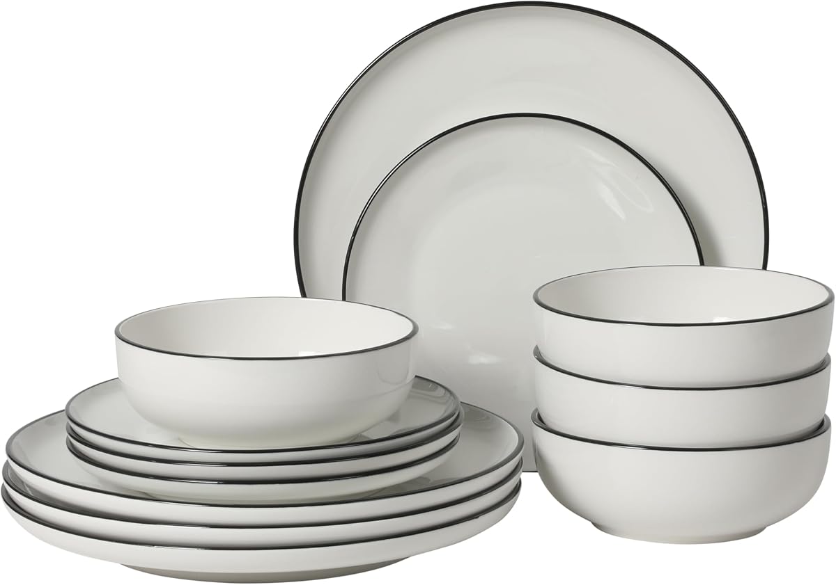 Havenstone Juego de vajilla de 12 piezas: platos llanos, platos de ensalada y tazones, juego de platos de uso diario blanco clásico con borde negro para el hogar, la cocina, apto para microondas y lavavajillas
