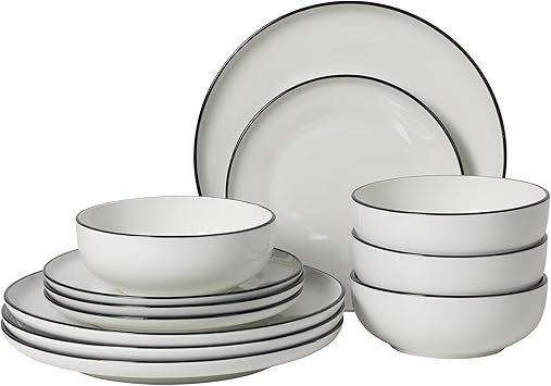 Gibson Home Havenstone 12-Piece Porcelain Dinnerware Set Dinner Plates, Salad Plates & Bowls, Classic White With Black Rim Everyday Dish Set for Home, Kitchen, Microwave & Dishwasher Safe