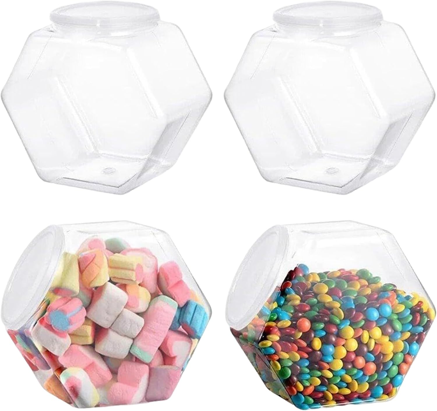Cute Jars 4 Pieces 850 ml Clear Plastic Cute Jars with Lids Hexagon Biscuit Jars with Wide Mouth Reusable Plastic Storage Sealed Glass for Candy Buffet Jelly Beans Biscuits Musts