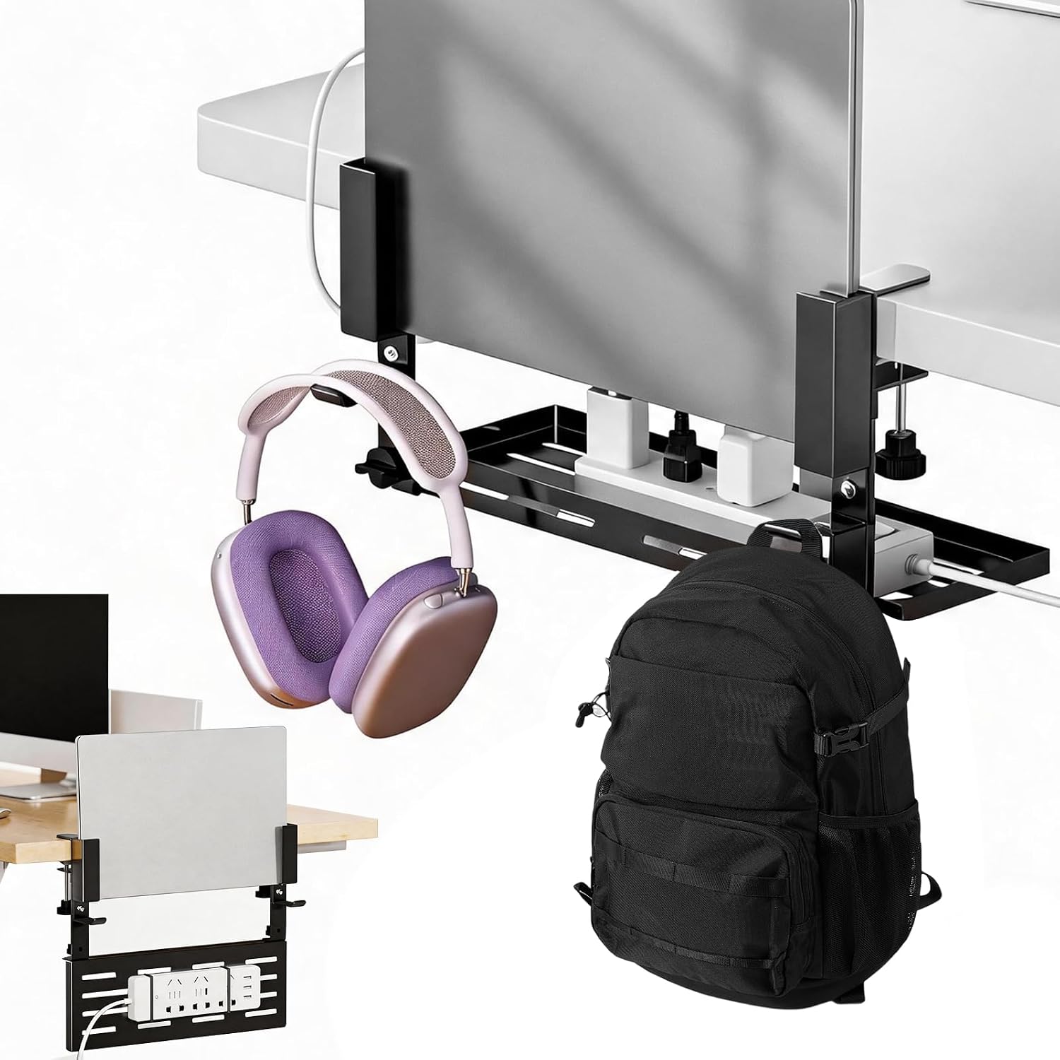 GLCON Desk Side Storage Organizer, Clamp-On Laptop Holder & Storage Shelf
