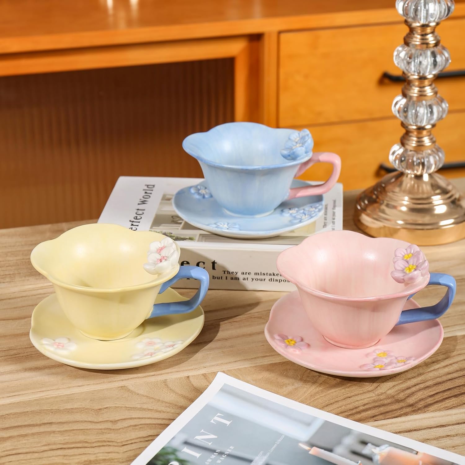 Floral Tea Cups and Saucers, Ceramic Cute Coffee Mug for Women Tea Party, Cappuccino Latte Milk (Pink) - Image 3