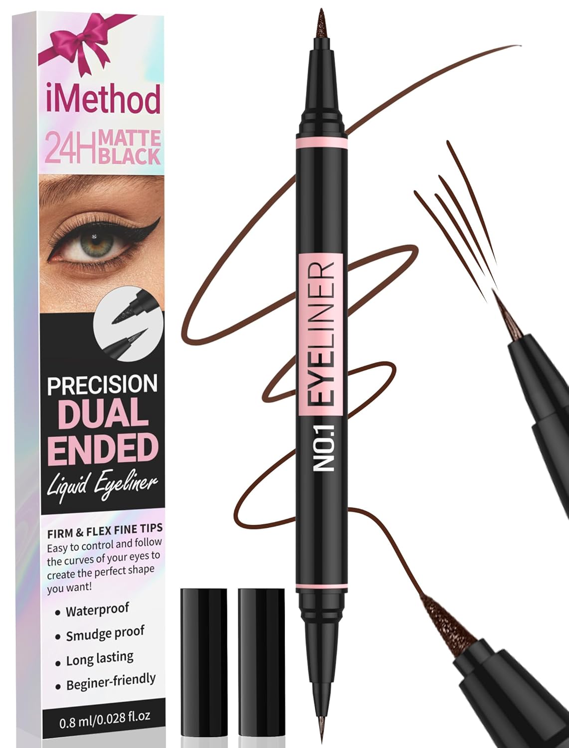 iMethod Liquid Eyeliner – Waterproof Eyeliner 2-in-1 Dual-Ended Eye Liner with Precise Brush-Tip and Thick Tip, Black Liquid Liner Pen, Matte Finish, Long Lasting, Smudge-proof, Transfer-proof, Brown