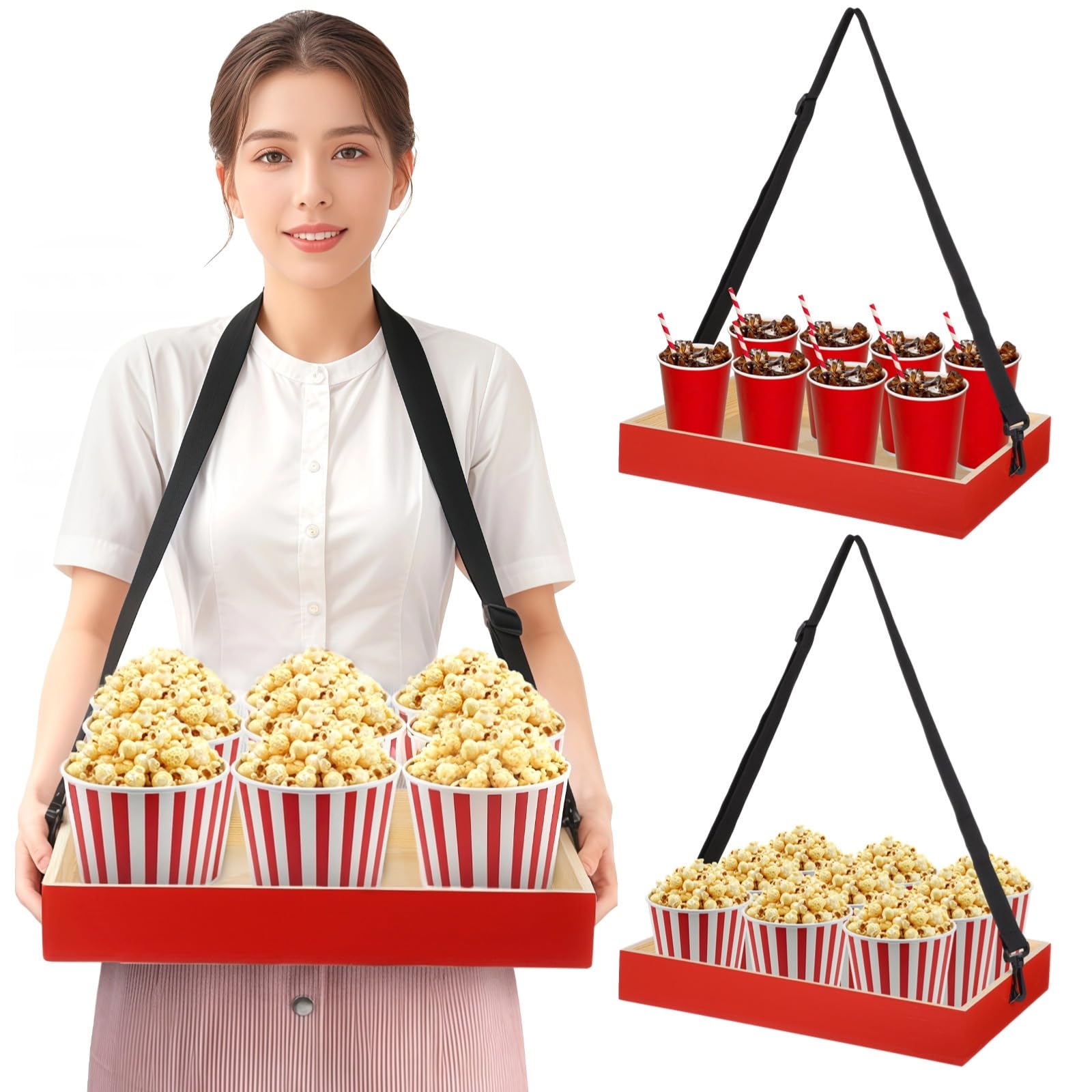 Lot de 2 plateaux à goûter portatifs en bois avec sangles, plateaux de service vintage rouges pour pop-corn et boissons pour fêtes et pique-niques