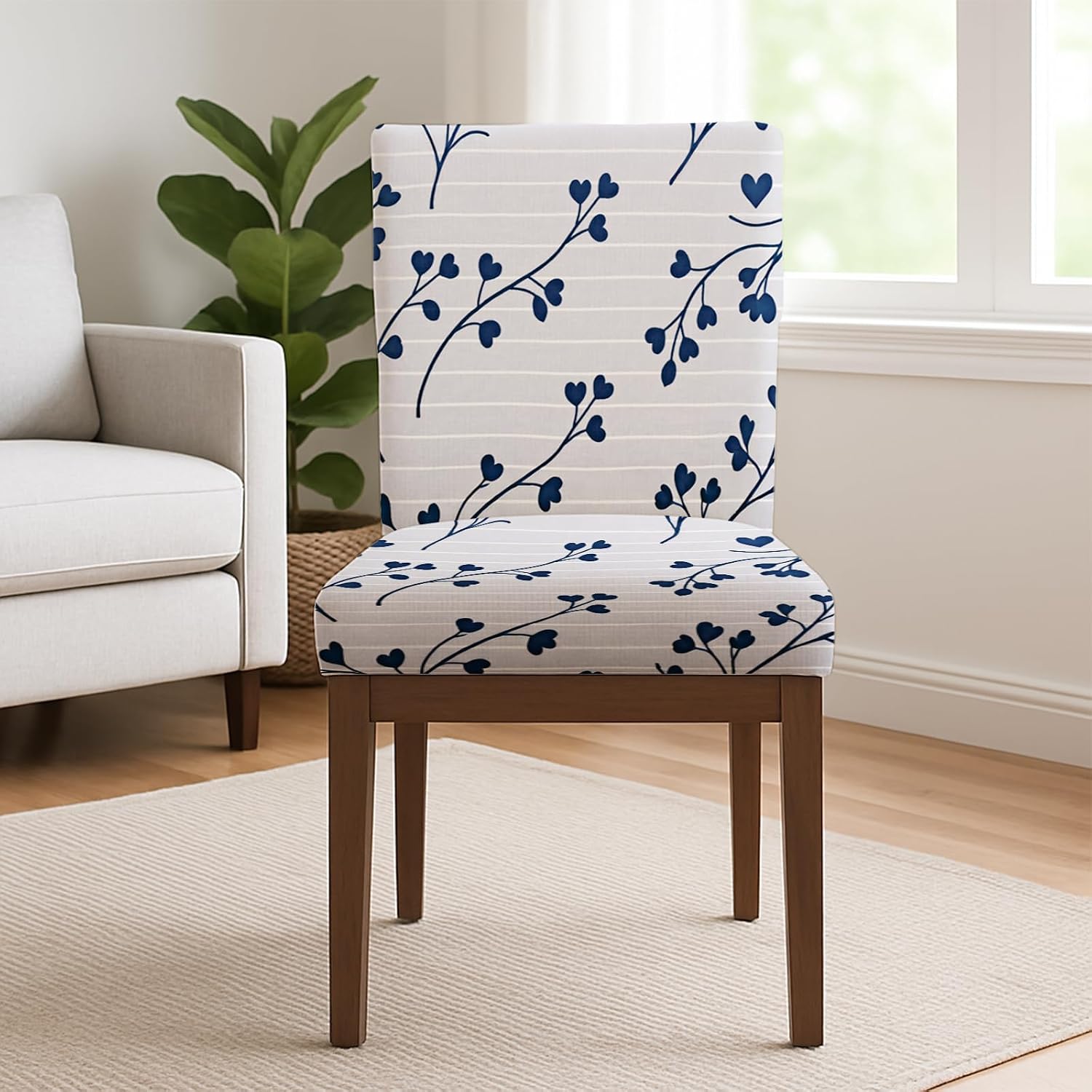 HOMETITUTE High Stretch Chair Covers for Dining Chairs Washable Dining Chair Covers Set of 4 Soft Kitchen Seat Cover Navy Leaf Striped Chairs Slipcovers Protectors for Home Hotel Restaurant Banquet