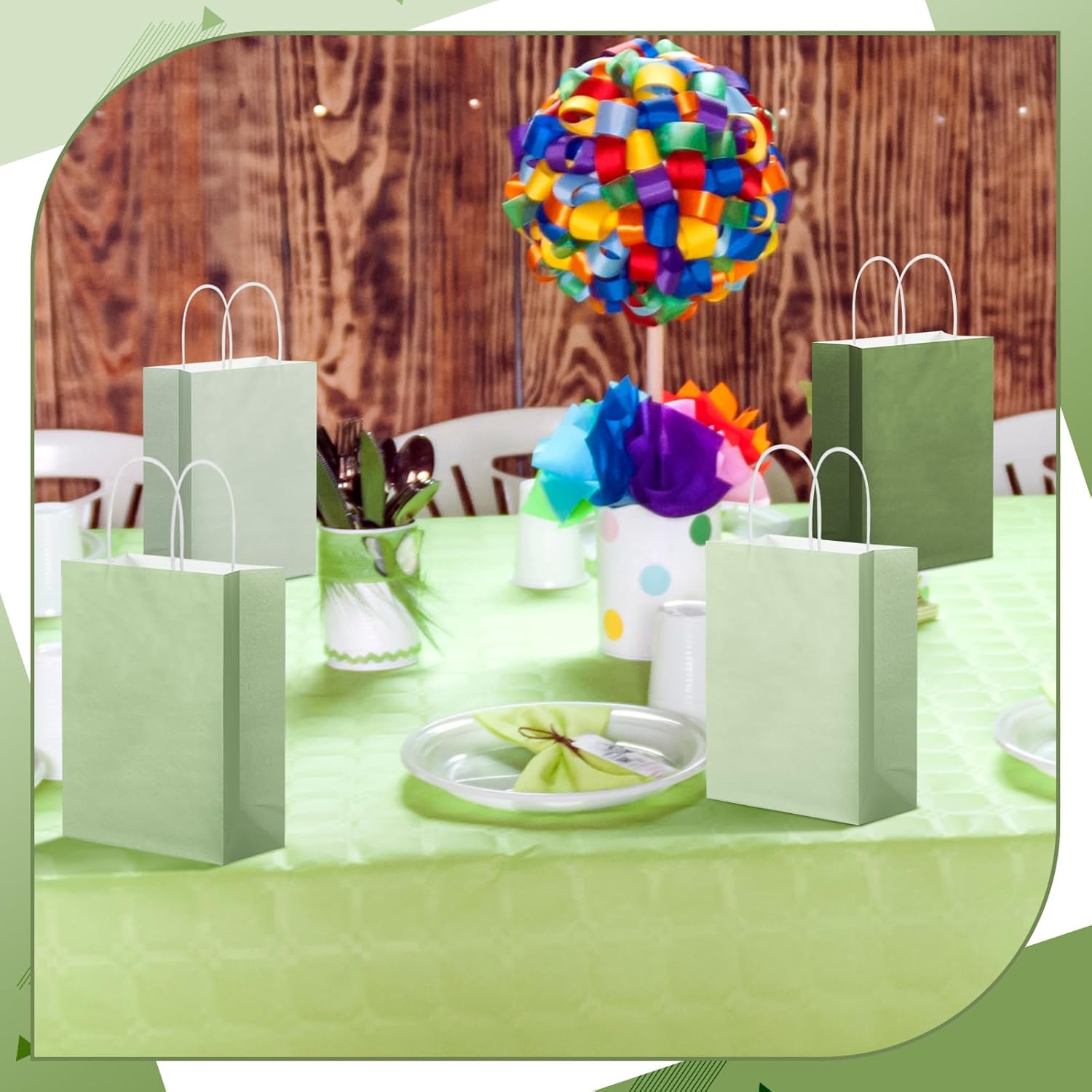 Tenceur 100 Pcs Sage Green Gift Bags Sage Green Kraft Paper Bags with Handles Medium Gift for Wedding Baby Shower Bridal Shower Shopping Party Favor Boutique Business