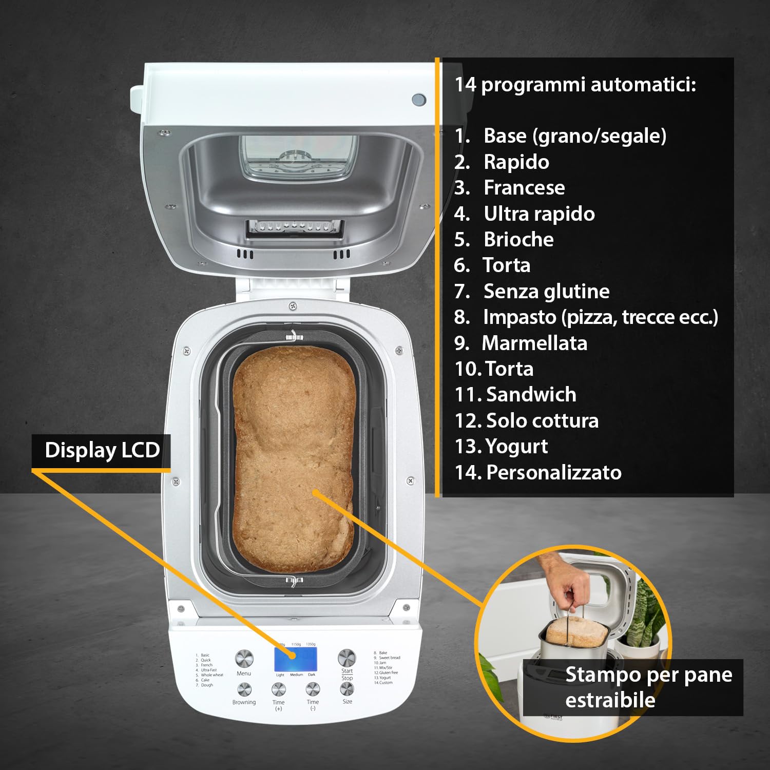 TZS First Austria - Macchina del Pane 850W - Per pane da 900g & 1350g - 14 Programmi automatici - Doratura regolabile, Timer & Funzione mantenimento calore