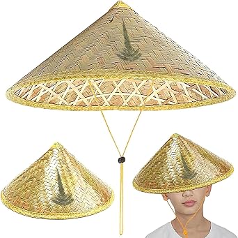 Rice Hat, Chinese Straw Hats for Men, Asian Sun Rattan Hat, Lightweight Retro Conical Hats with Chin Straps for Outdoors, Camping, Beach, Travel, Vacation