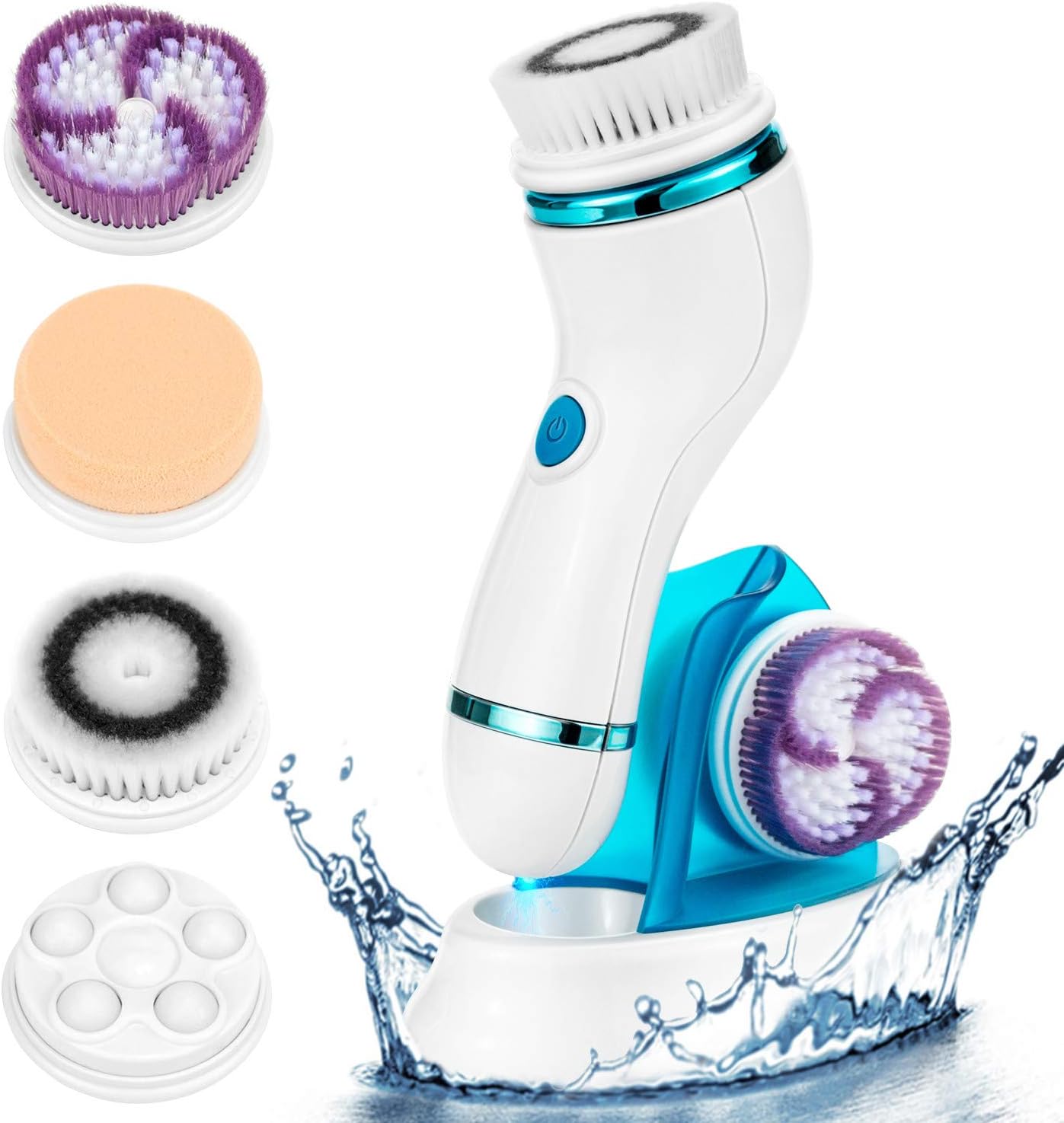Facial Cleansing Brush Set- Rechargeable Face Brush with 4 Heads - IPX6 Waterproof Electric Rotating Face Scrubber for Deep Cleaning, Exfoliating, Blackhead Removing, 2 Speeds Adjustable