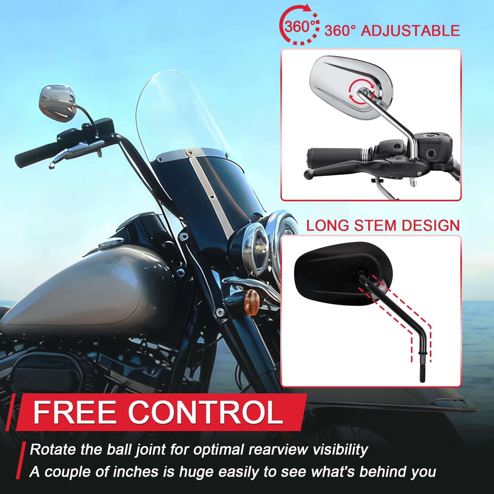 Lusterko wsteczne 5/16 z gwintem 24 UNF, uniwersalne do motocykli Harley CVO Touring, Softail, Dyna Sportster XL 883, 1200, Electra Glide, Road Glide, 1984-2025, czarne #2