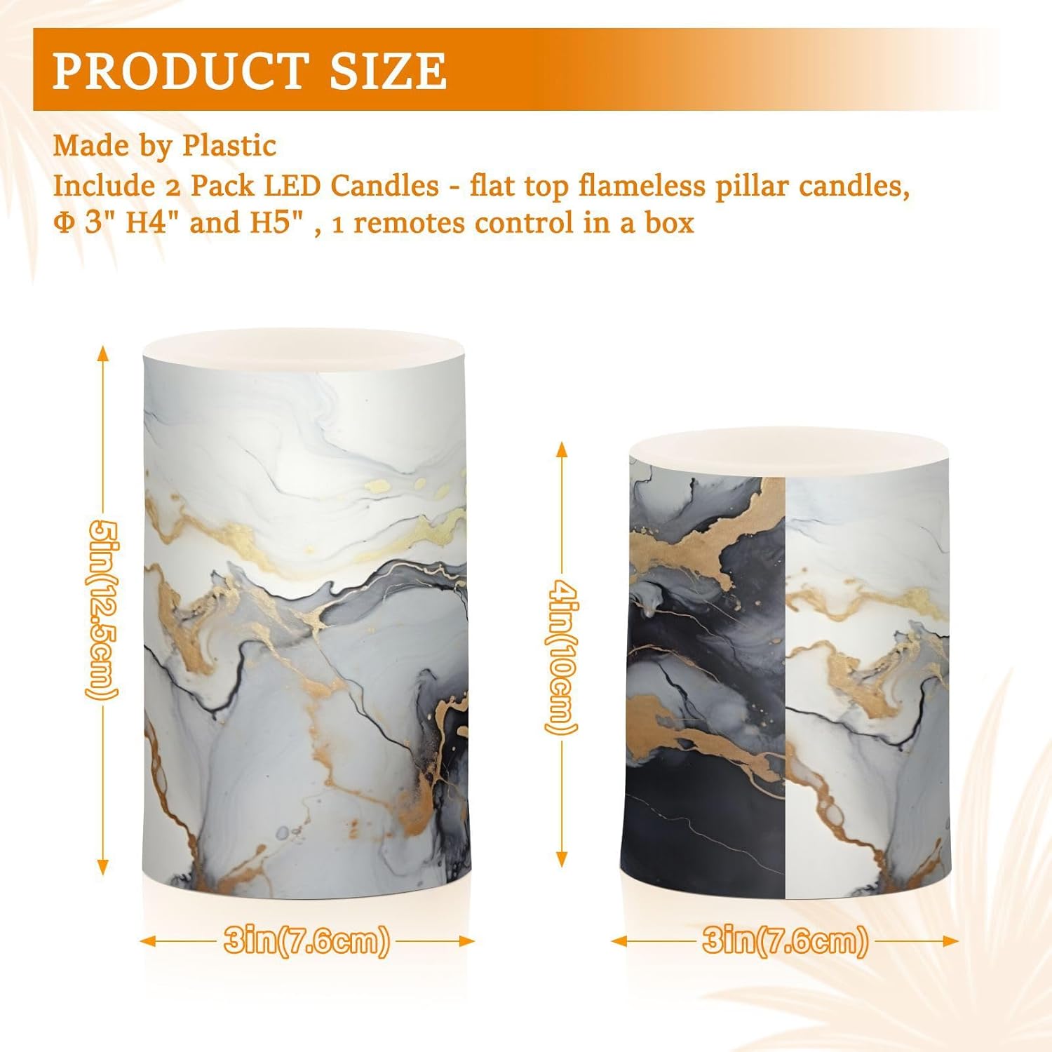 Black and Gold Marbled Pattern Flameless Candles Color Changing LED Candles with Remote Control Battery Candles for Outdoor and Indoor Home and Room Decoration, 3'' x 4''/5'' Set of 2 Pieces