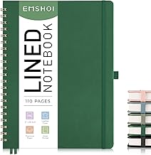 EMSHOI A4 Notebook Lined Journal, 100 GSM, PU Leather Hardcover, Sticky Notes, Pocket, Pen Loop, Ruler, Bookmark, 110 Pages Ruled Spiral Notepad for Women Men Writing, 21 x 28.5cm, Green
